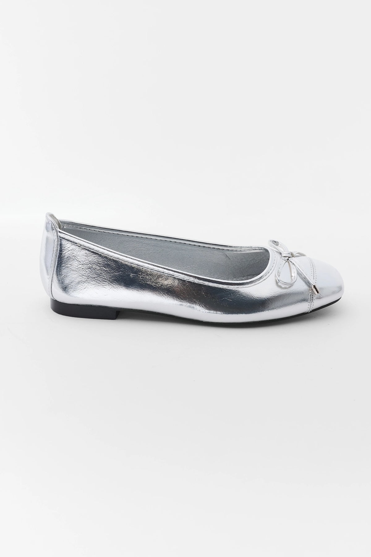Silver Chrome Bow Ballet Flat - Side Profile, Women's Flat Shoe | Avara