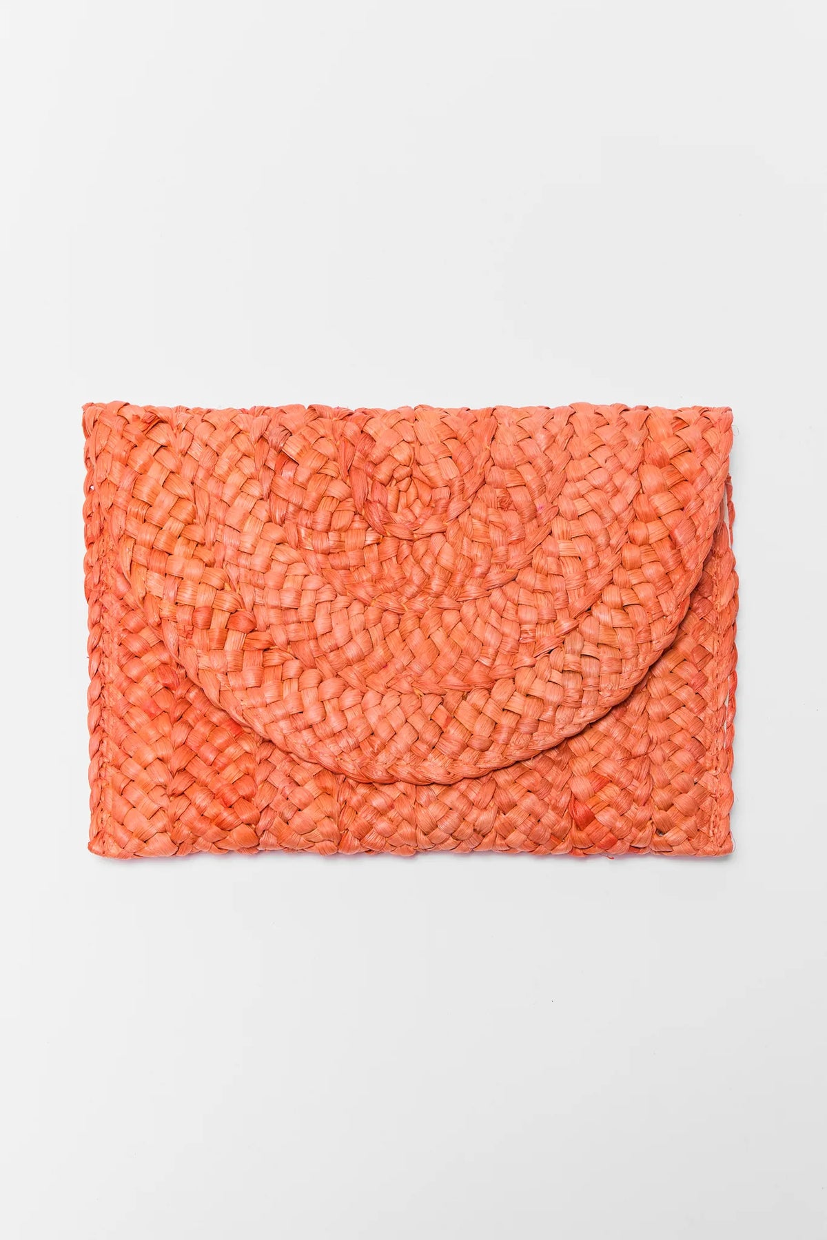Orange woven clutch bag with foldover flap closure - Front View | Avara
