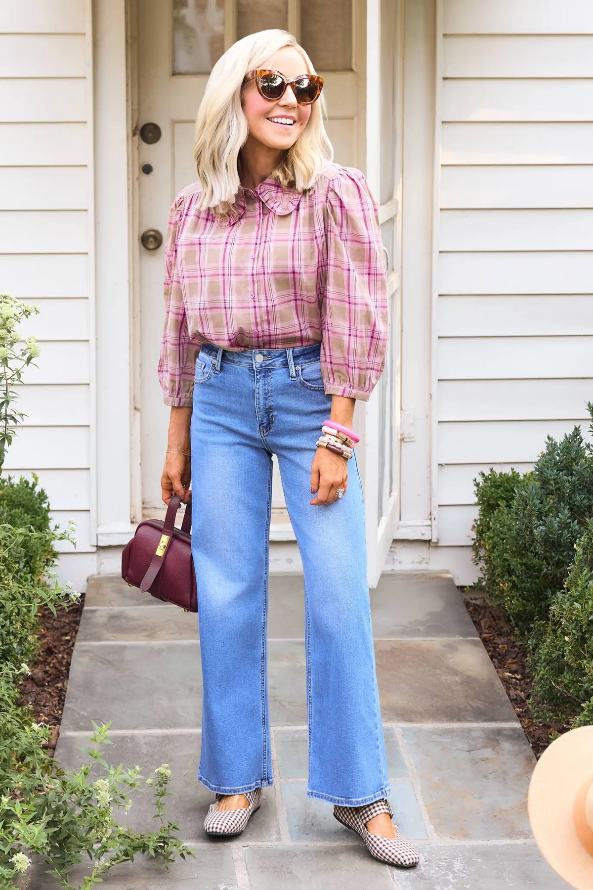 Pink Multi Plaid Puff Sleeve Collared Top - Full Styled Look with Denim | Avara