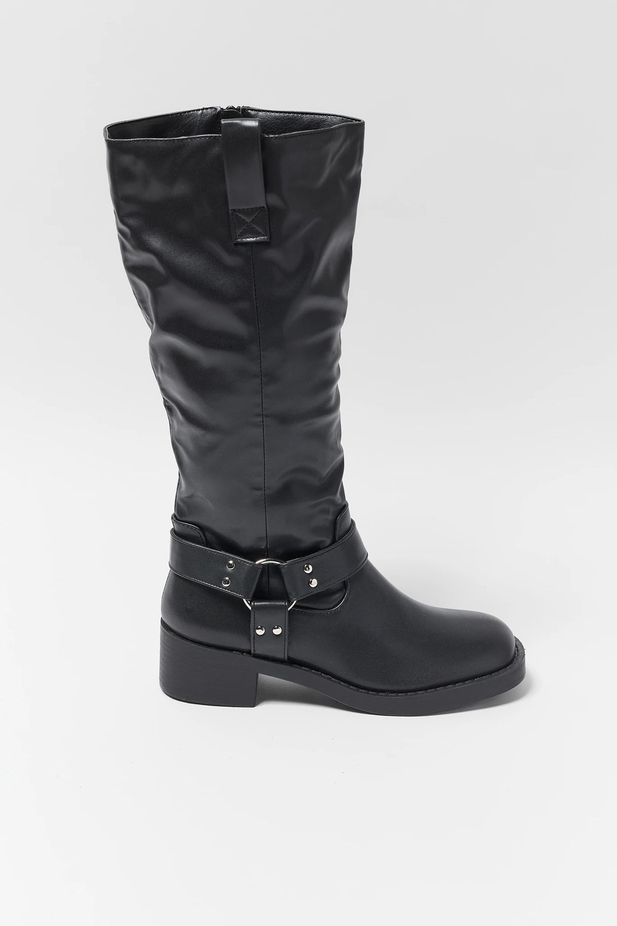Black Faux Leather Knee-High Boot with Harness Strap - Side View | Avara