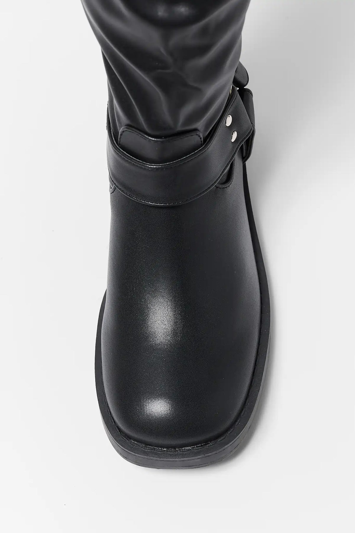 Black Faux Leather Knee-High Boot Round Toe & Block Heel - Top Down Detail | Avara