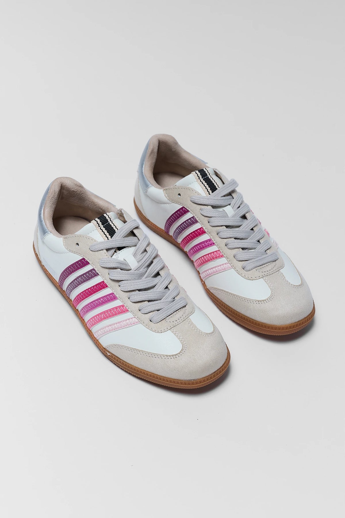 Stevie Pink Striped Sneakers women's faux leather pair - Front Angle Flat Lay | Avara