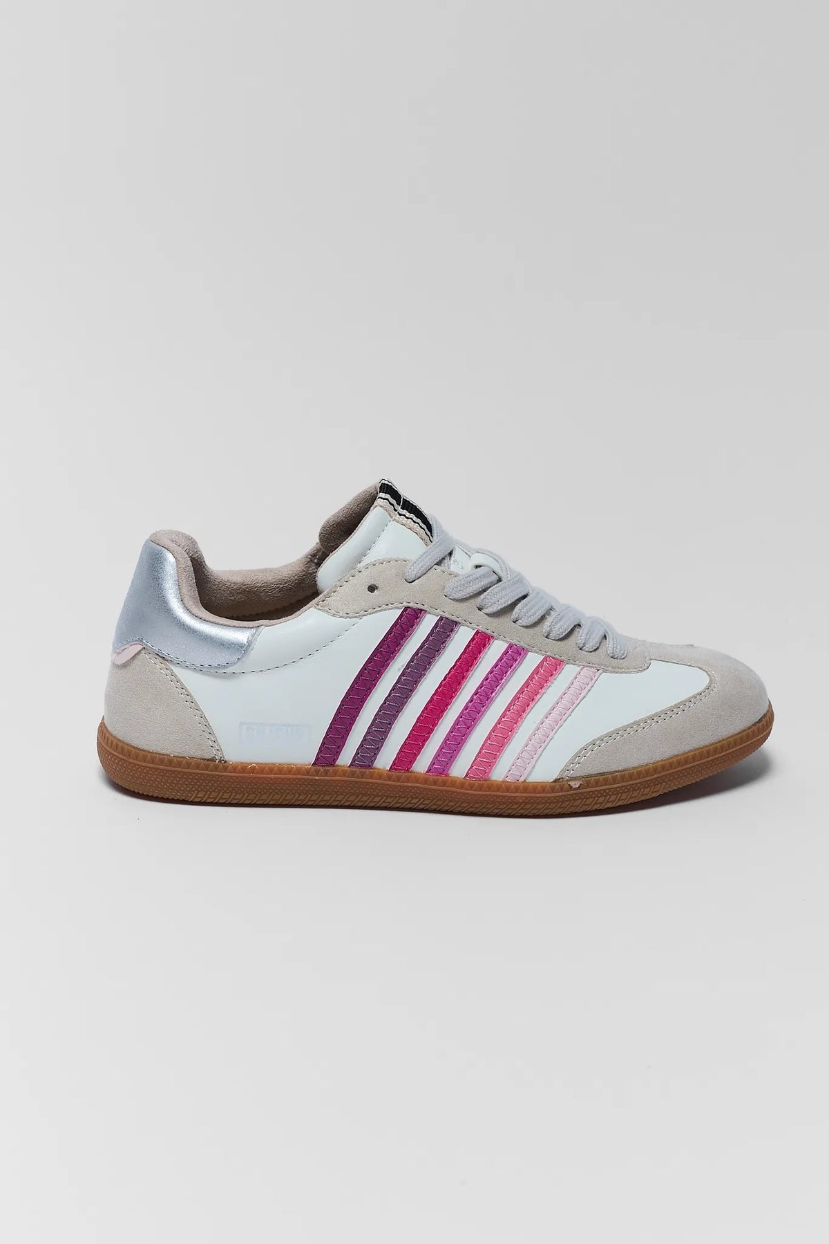 Stevie Pink Striped Sneaker with silver heel detail - Side Profile | Avara