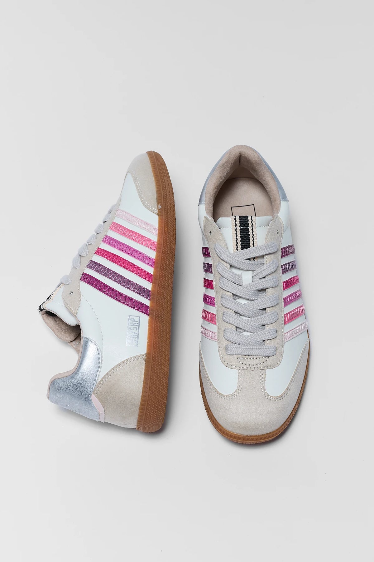 Stevie Pink Striped Sneakers pair with gum sole - Top-Down Flat Lay | Avara