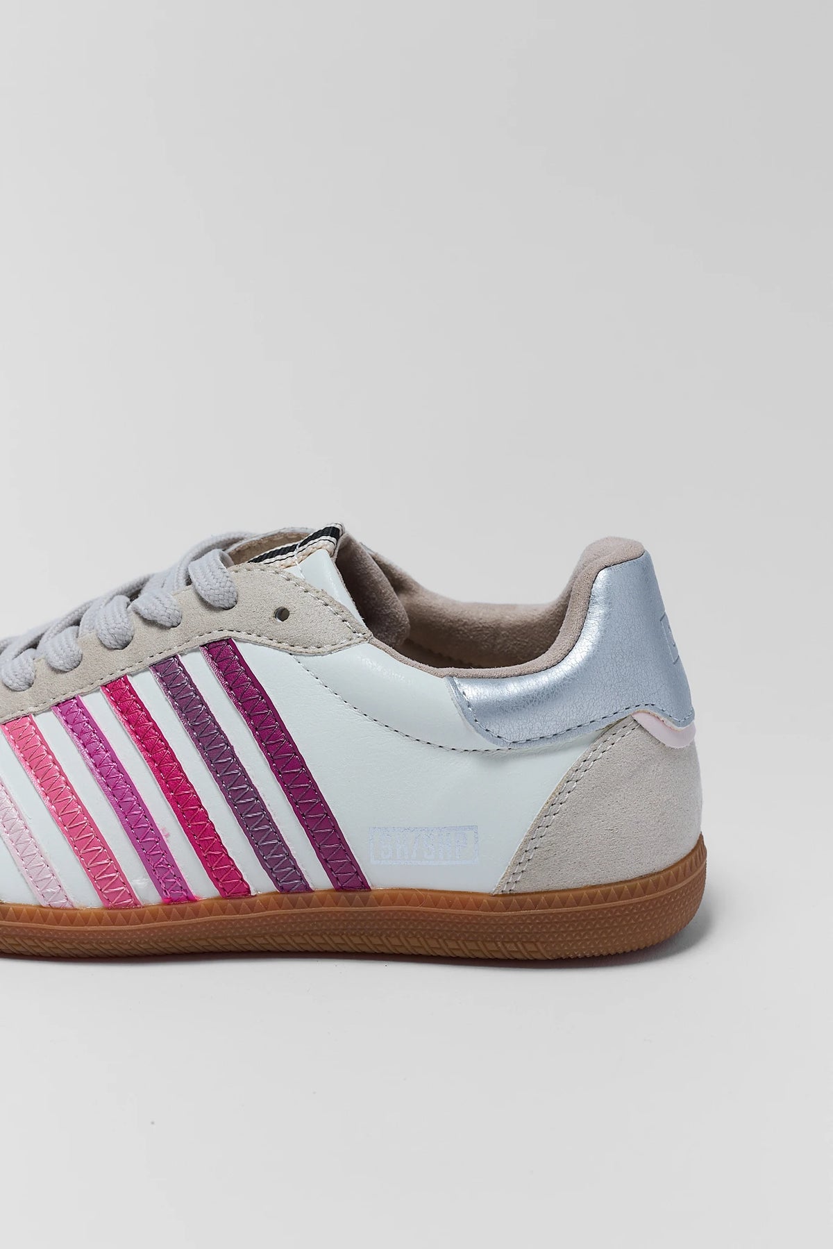 Stevie Pink Striped Sneaker close-up stripe and gum sole detail - Back Angle | Avara