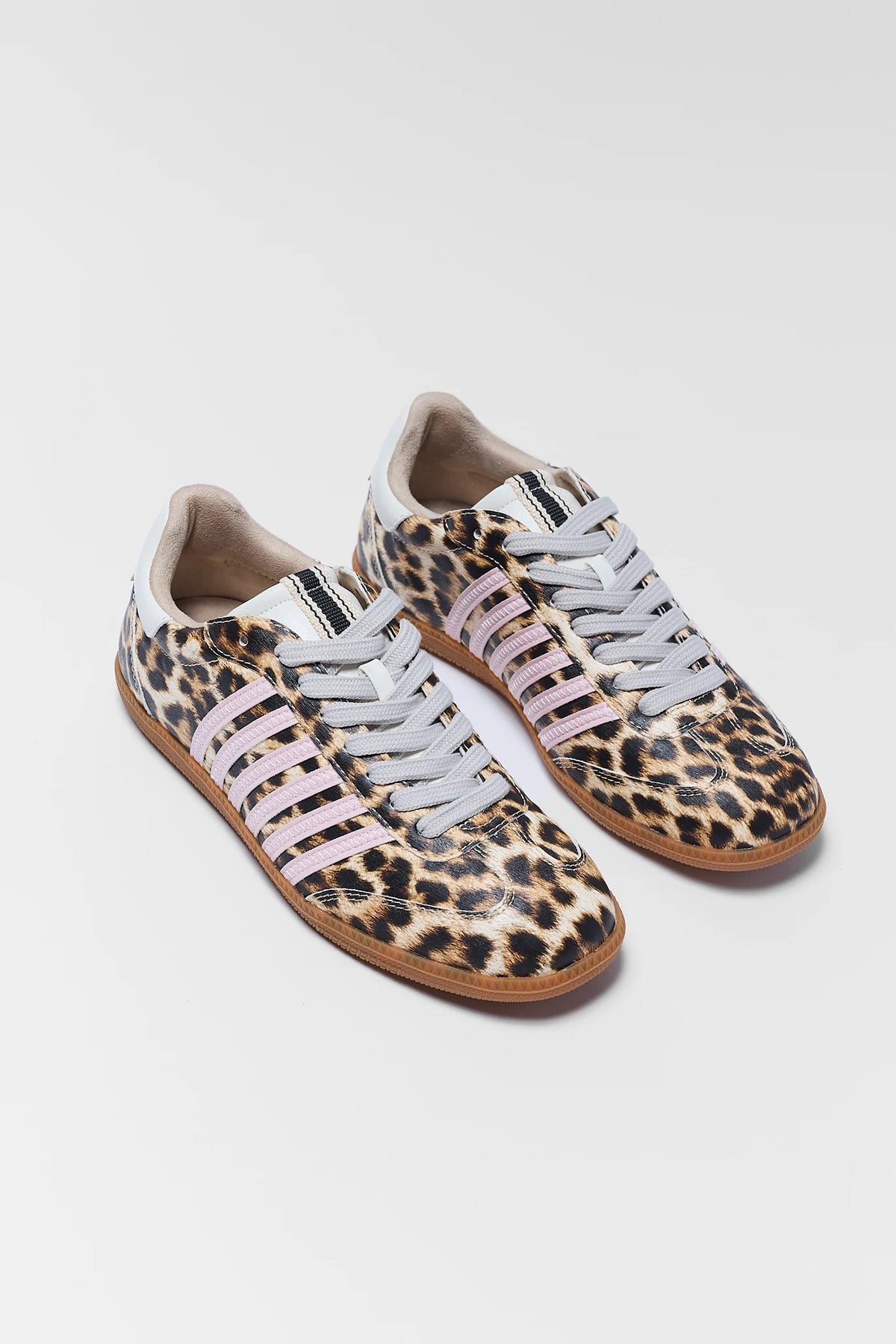 Stevie Leopard Striped Sneakers, front-toe pair view, pink stripes and gray laces, leopard print women's sneakers | Avara
