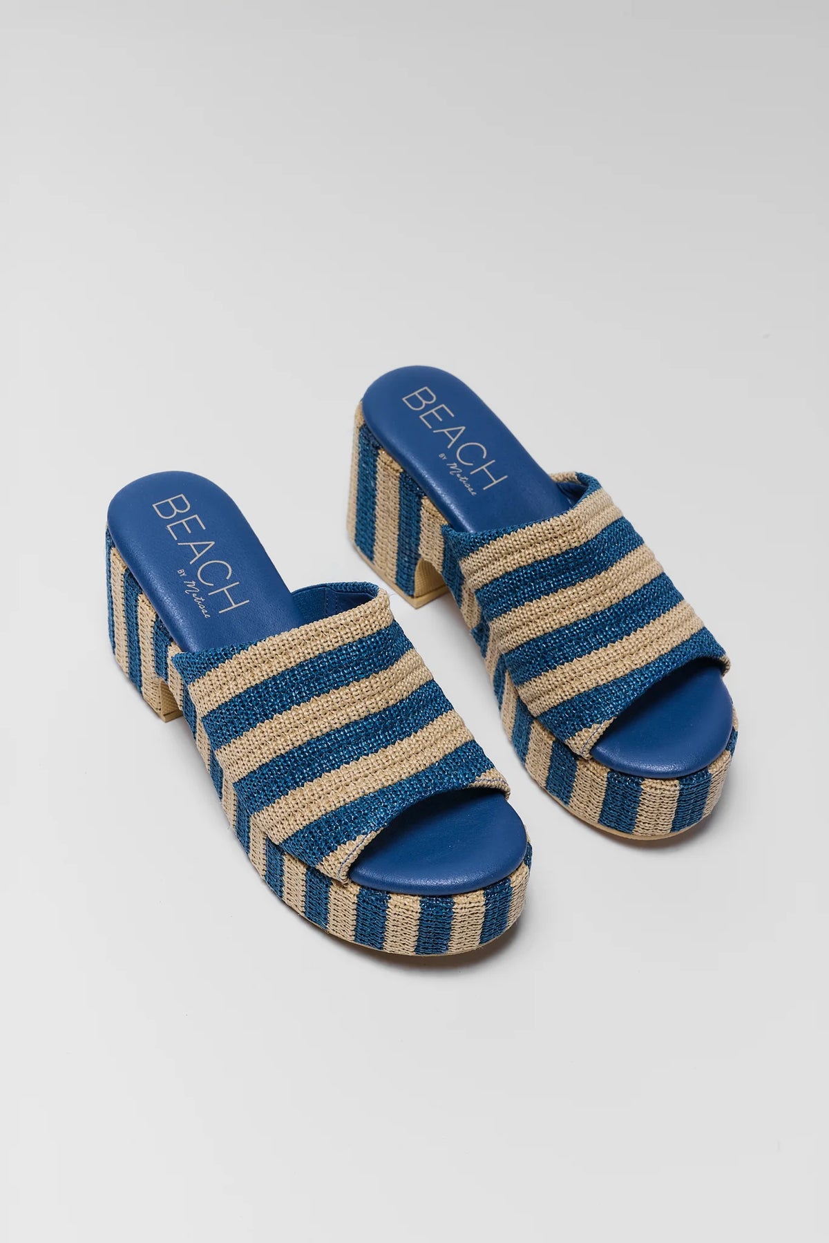 Blue Striped Raffia Platform Heels by Matisse - Pair Angled View with Branding | Avara
