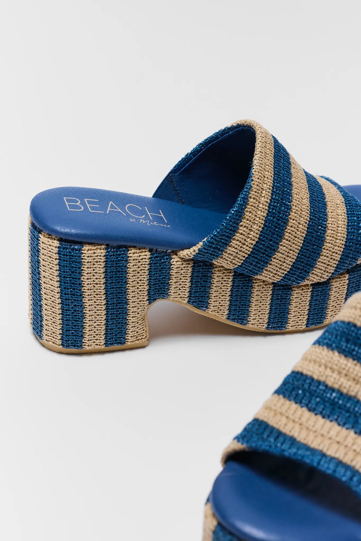 Blue and Beige Striped Raffia Platform Heels - Back Heel and Footbed Detail | Avara