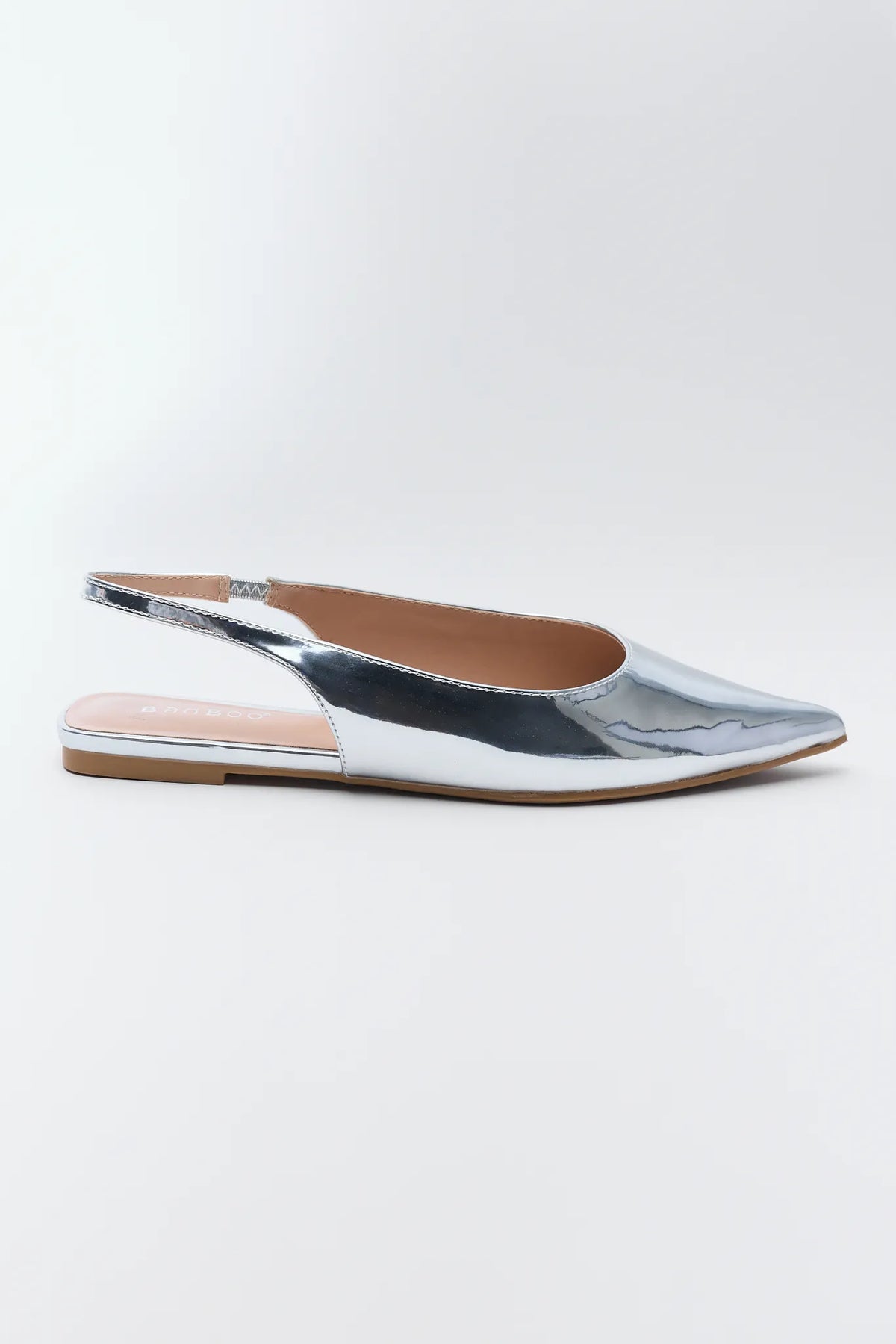 Sylvia Silver Metallic Flats on a white background
