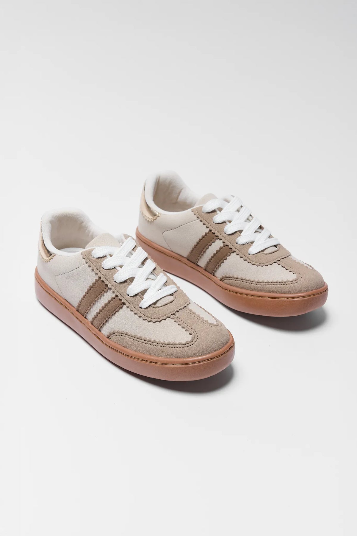 Sylvie Tan Striped Sneakers in cream suede with tan stripe detail and gum sole - Angled Pair View | Avara