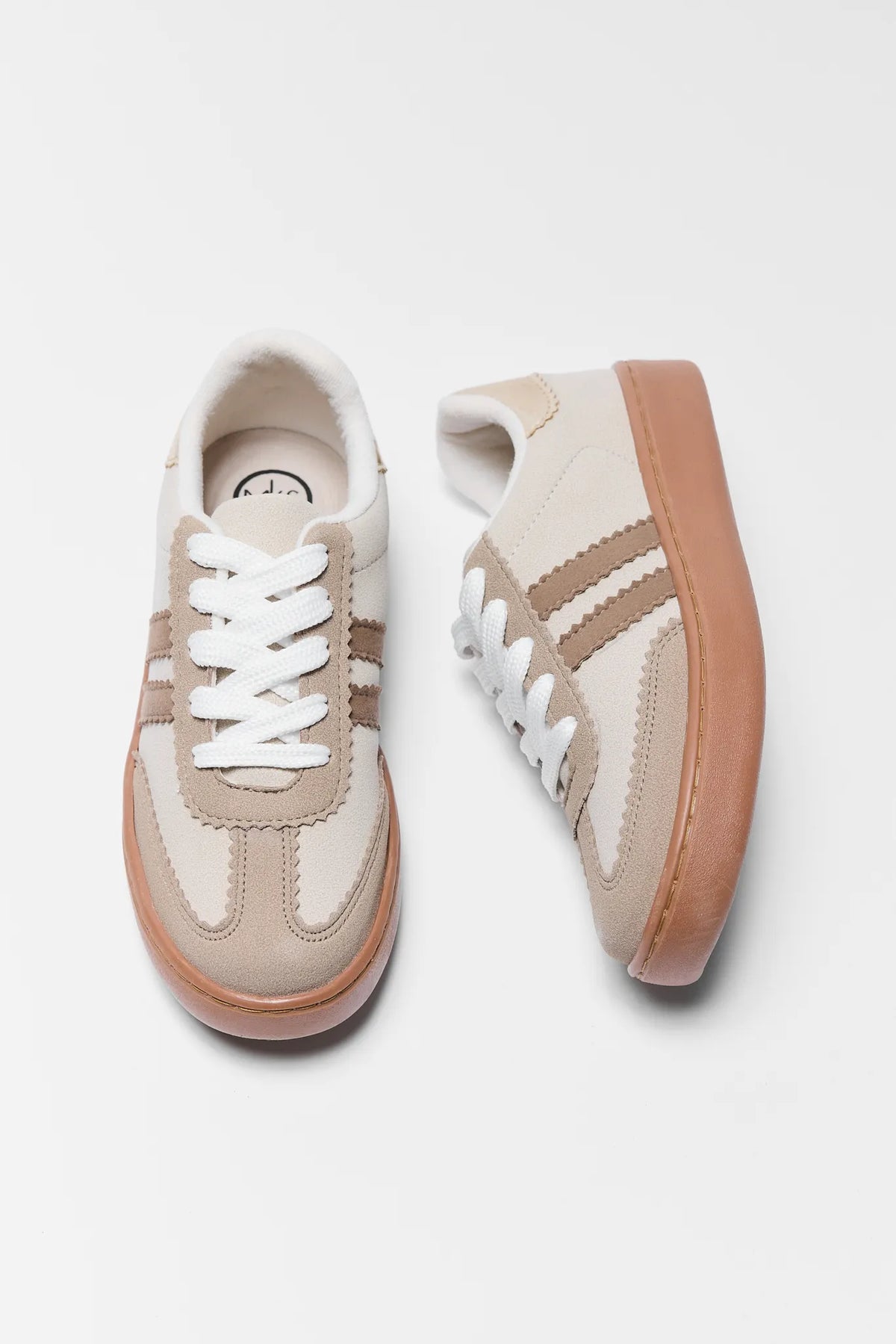 Sylvie Tan Striped Sneakers in cream and tan with gum sole - Top-Down Pair View | Avara