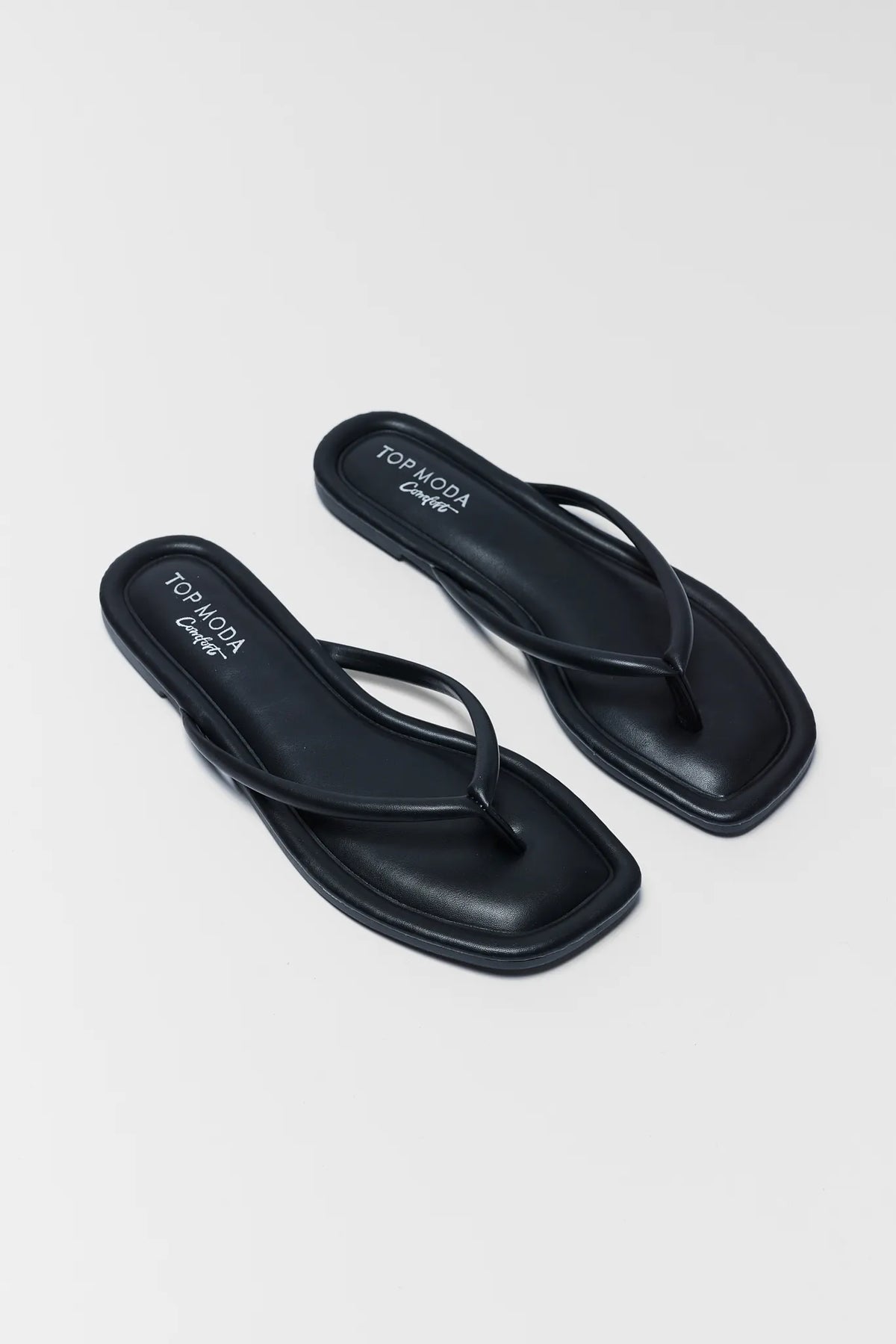 Black Faux Leather Flip Flop Sandals - Side Profile View | Avara