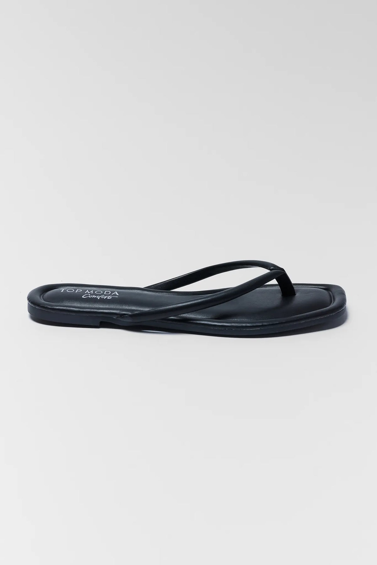 Black Faux Leather Flip Flop Sandal - Single Angled View | Avara