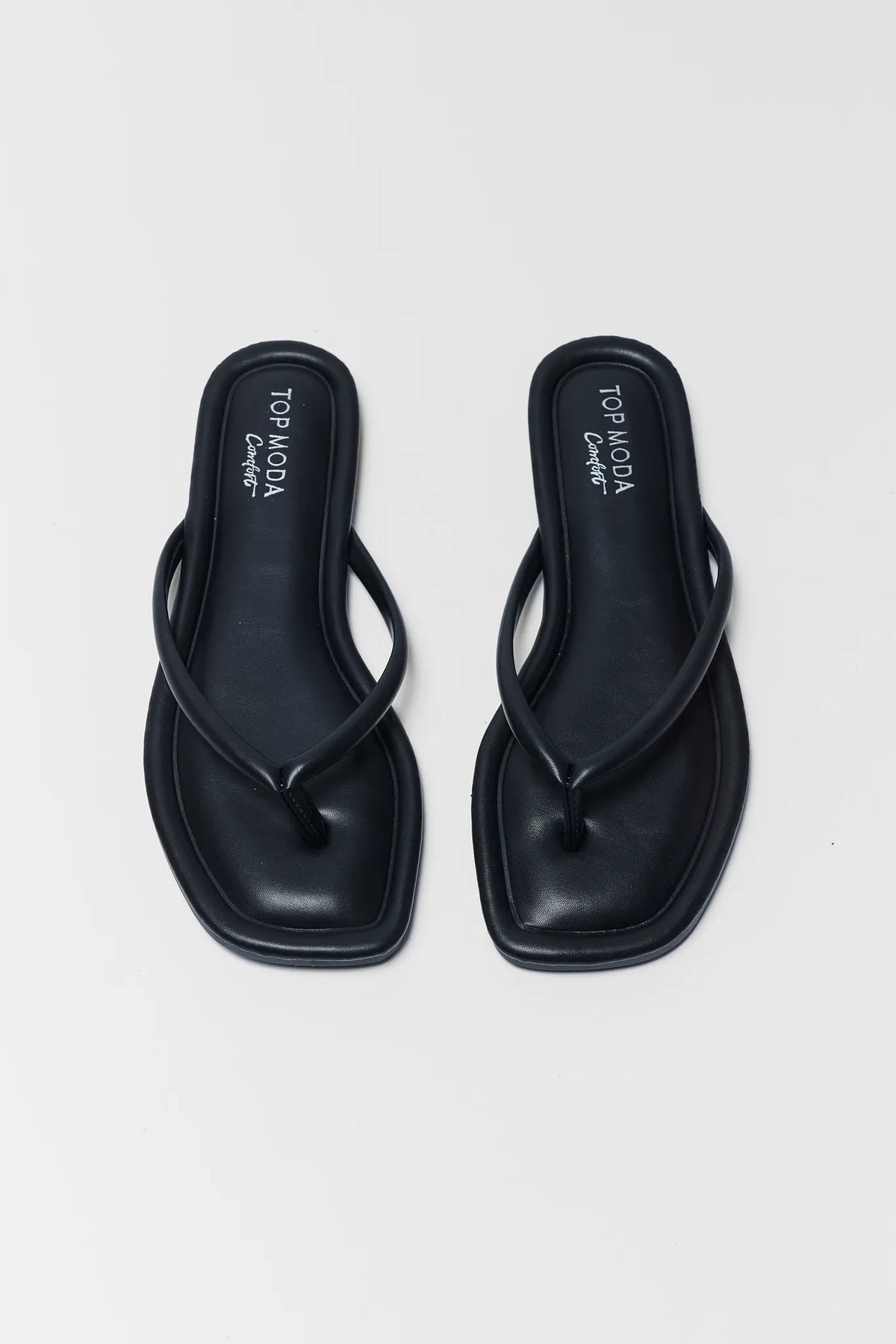 Black Faux Leather Flip Flop Sandals - Top Down Pair View | Avara