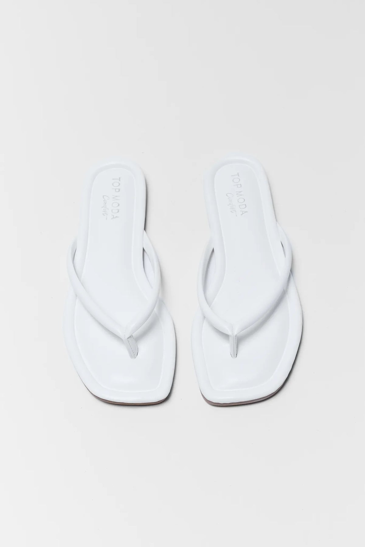 Taite White Square Toe Flip Flop Sandals - Top-Down Pair View | Avara