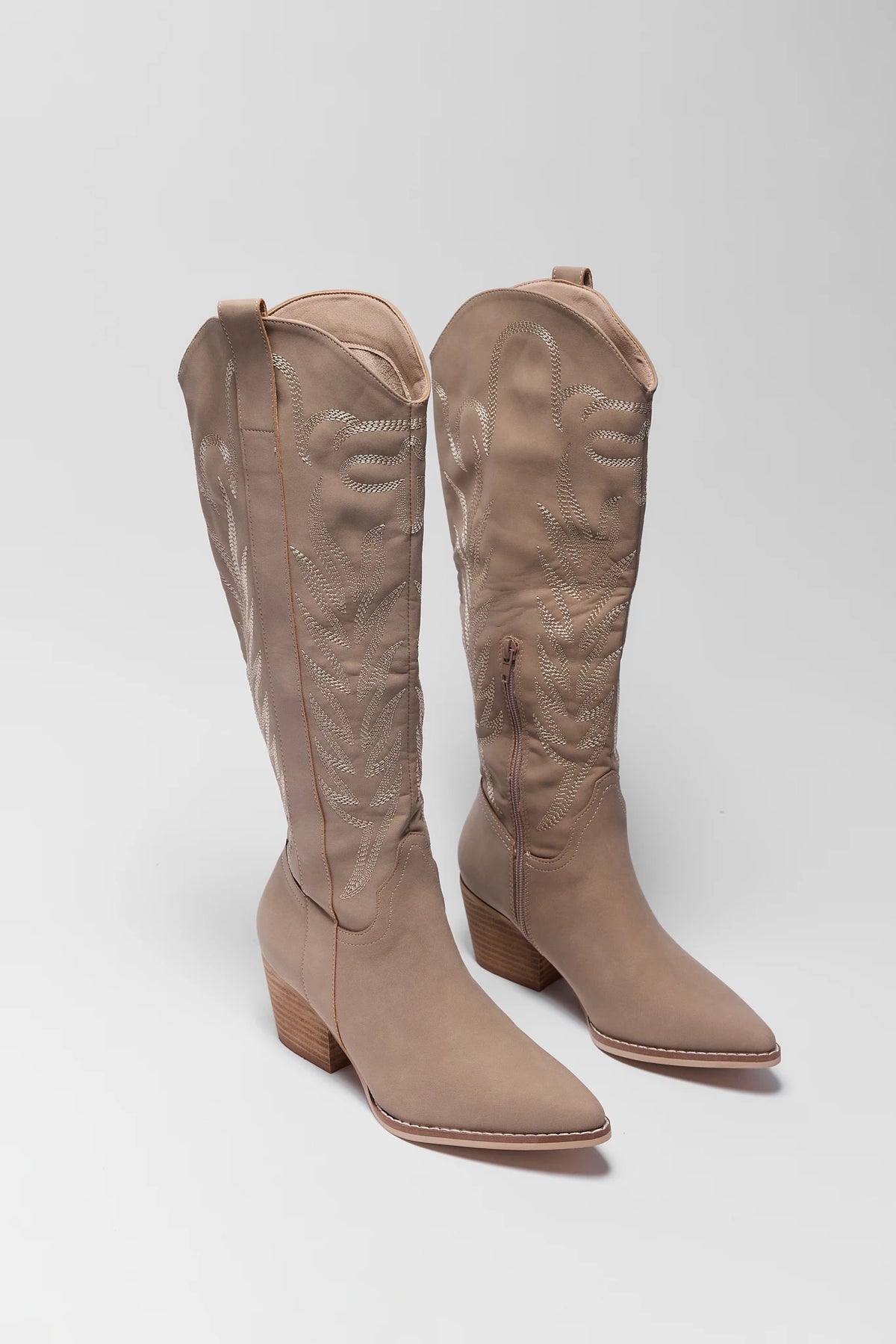 Tan Embroidered Tall Cowboy Boots - Pair Front View, Knee-High Western Style | Avara