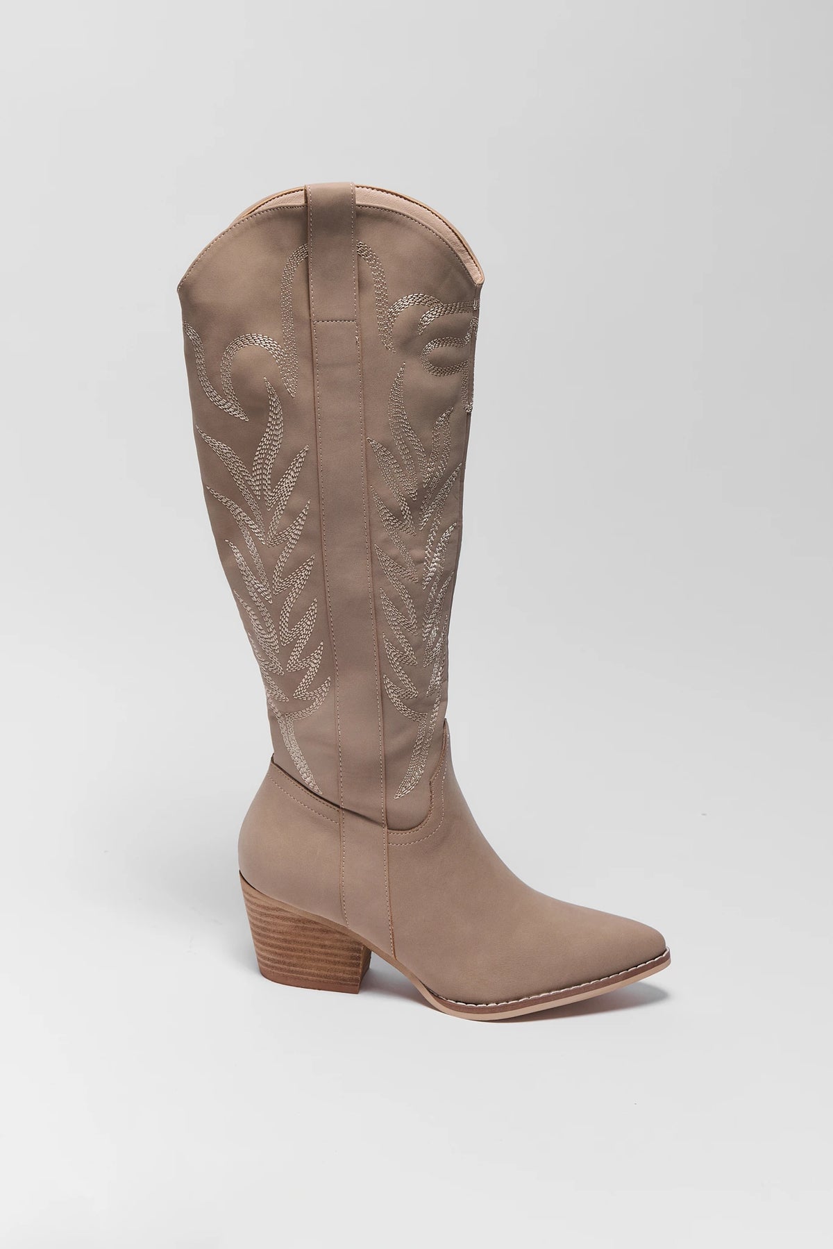 Tan Embroidered Tall Cowboy Boot - Single Side View, Pointed Toe & Stacked Heel | Avara