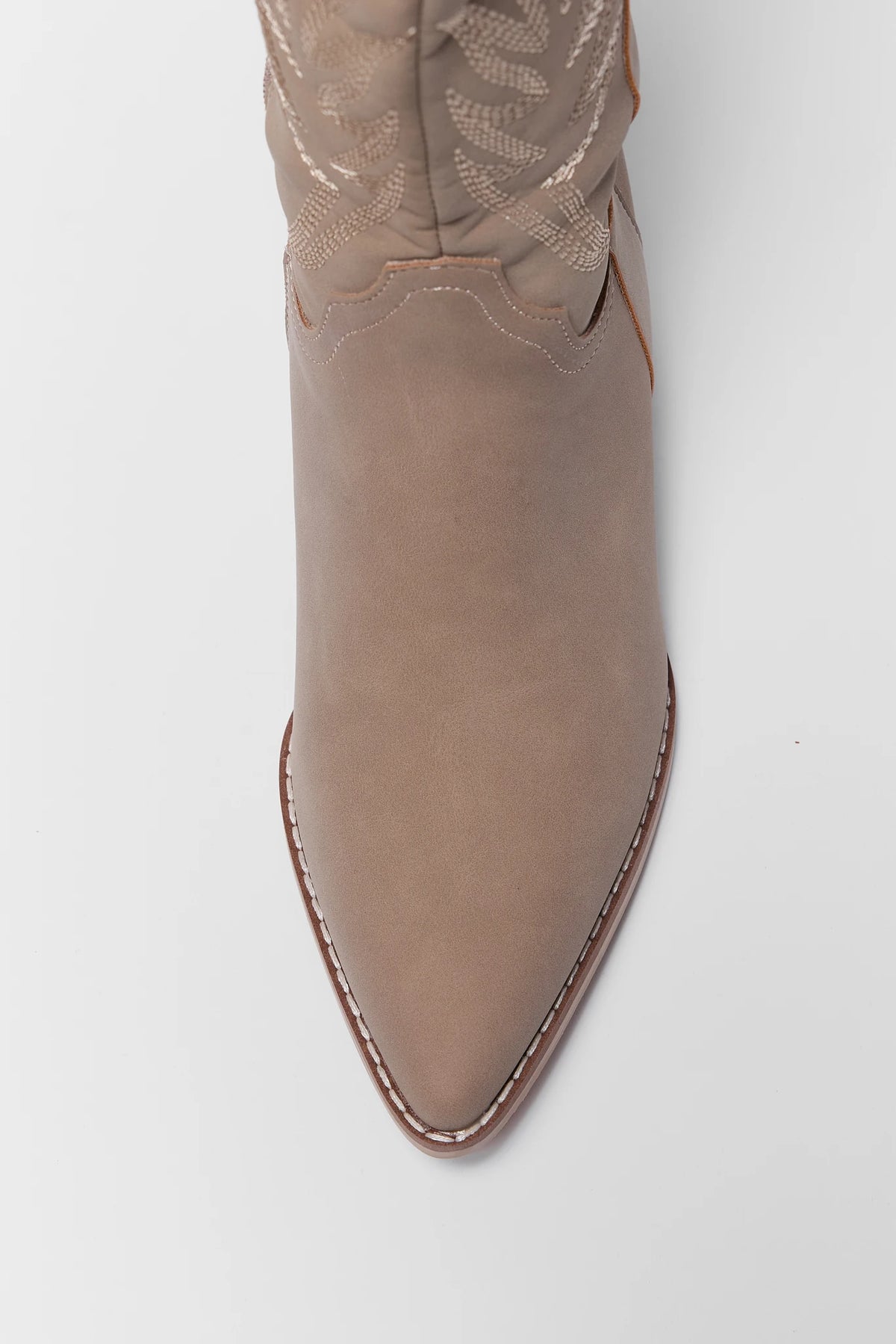 Tan Embroidered Tall Boot - Top-Down Pointed Toe View | Avara