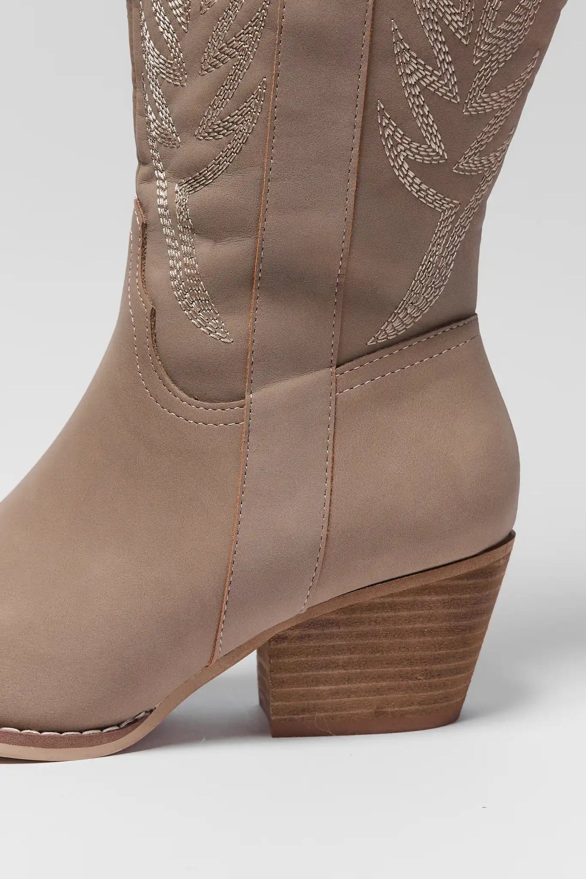 Tan Embroidered Tall Cowboy Boot - Stacked Block Heel & Side Profile Close-Up | Avara