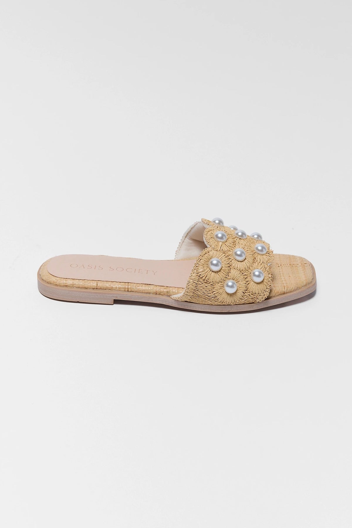 Tan raffia pearl slide sandal - Side View showing woven square toe flat | Avara