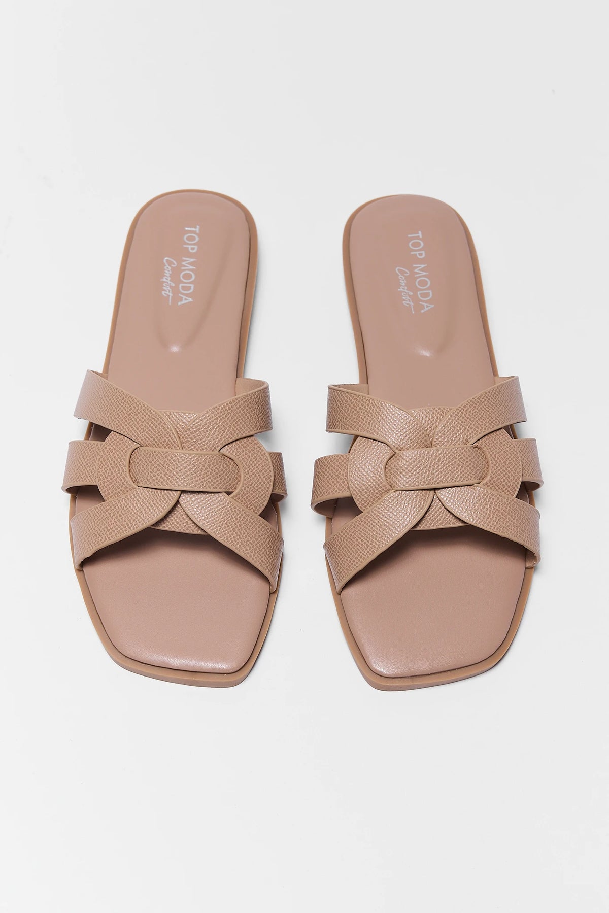 Tan women's slip on sandals with textured woven straps and square toe - Front View | Avara
