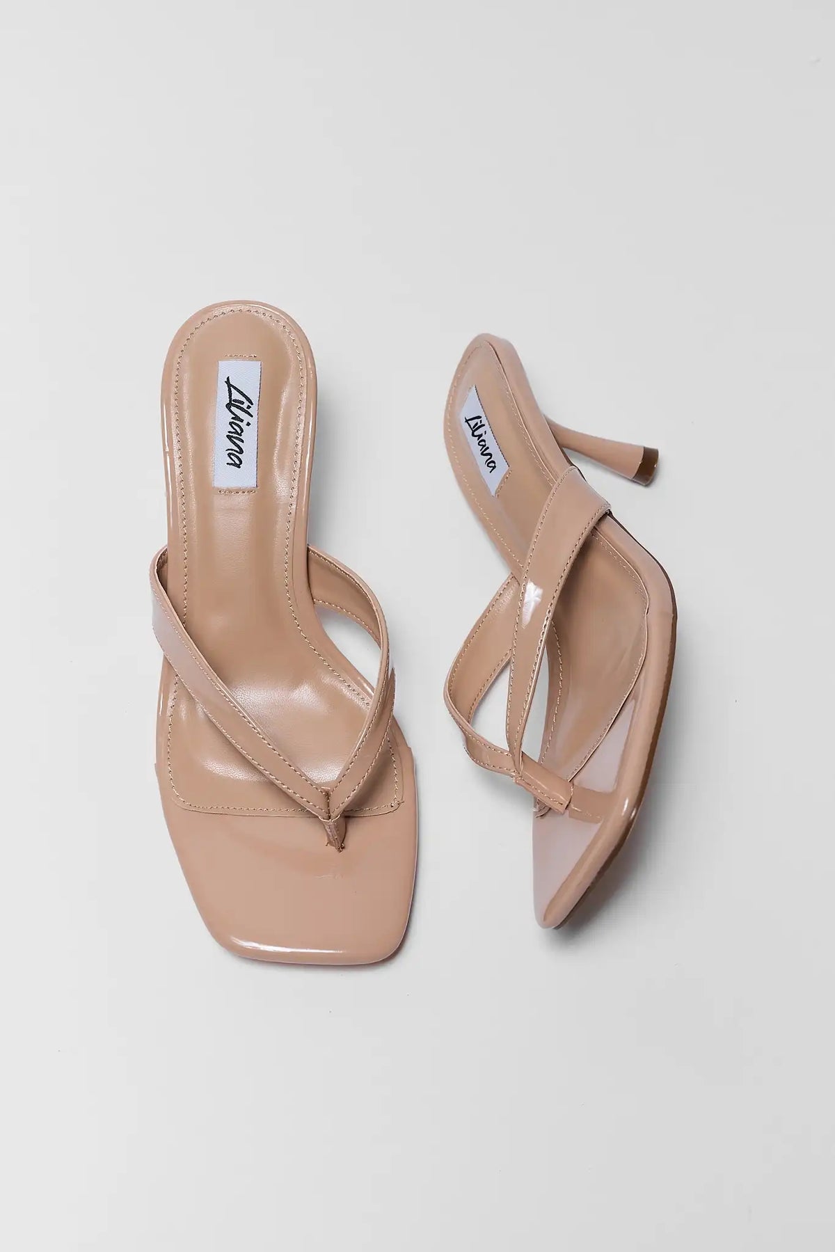 Tan faux patent leather thong kitten heels - Top View, pair with square toe | Avara