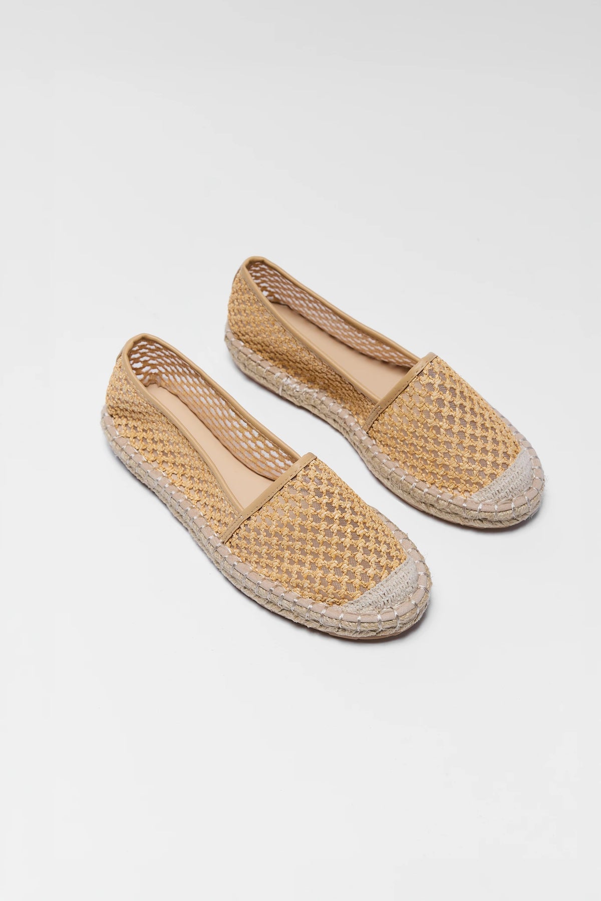Tan Woven Espadrille Flats - Angled Pair View Showing Round Toe and Sole | Avara