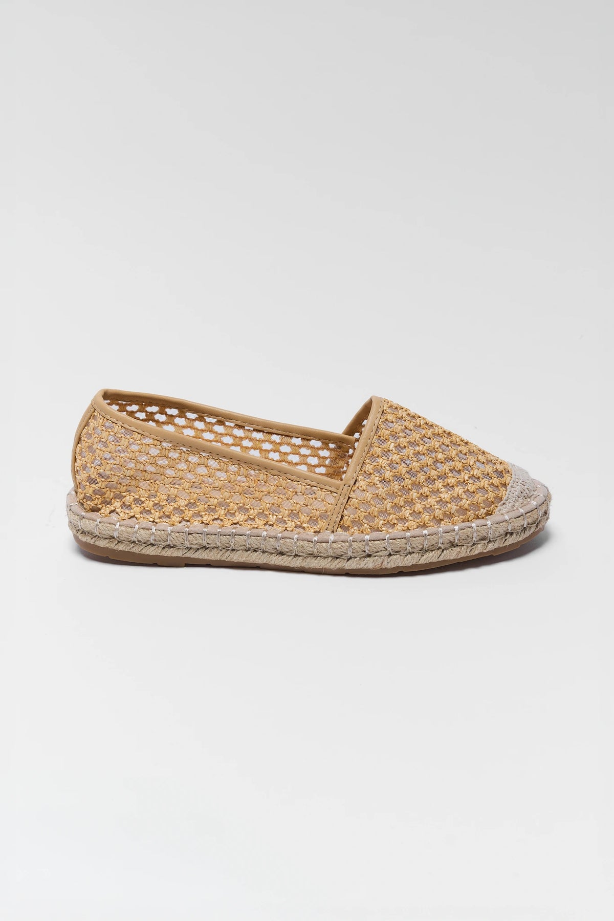 Tan Woven Espadrille Flat - Side Profile View Showing Jute Sole | Avara