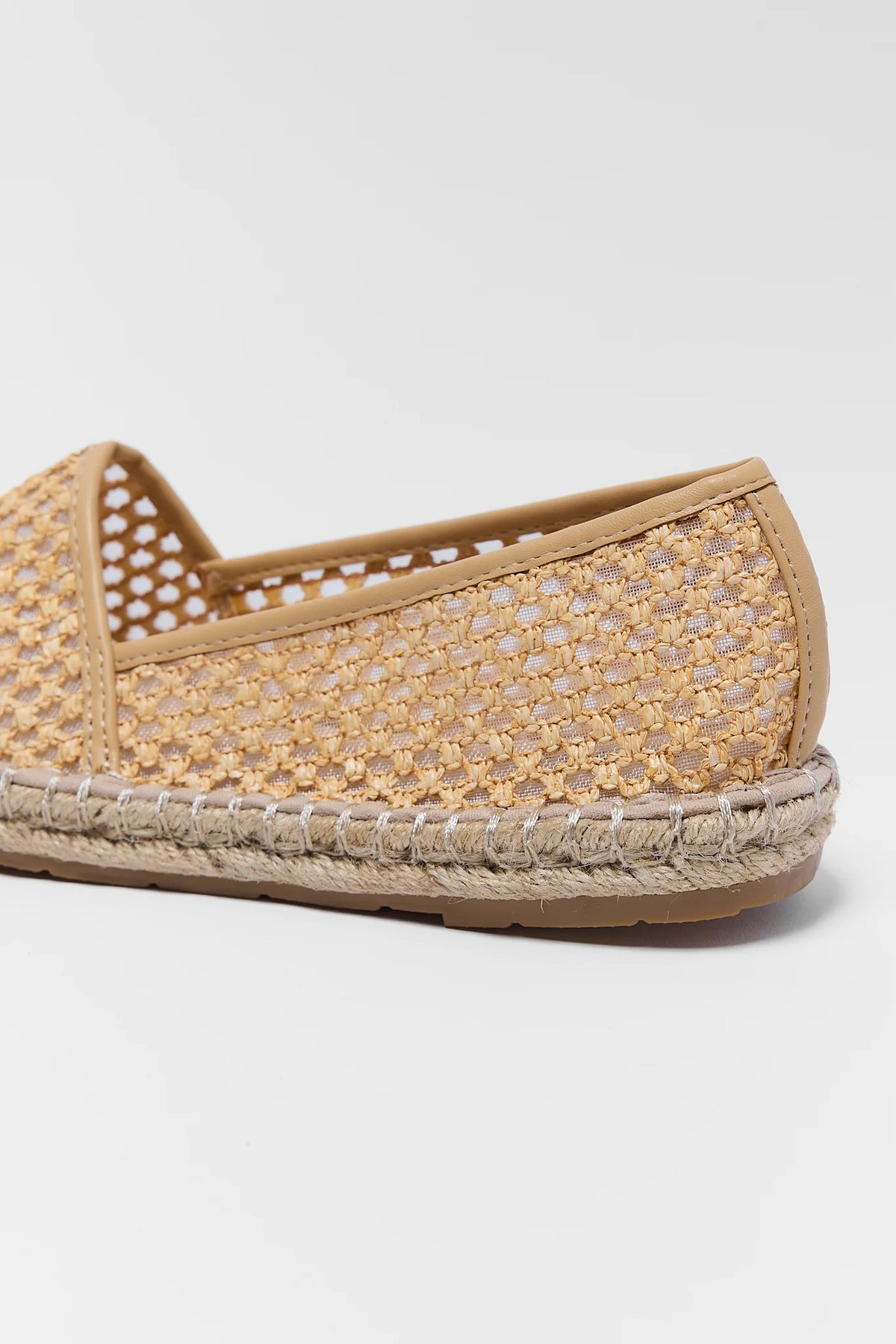 Tan Woven Espadrille Flat - Close-Up Back Heel and Woven Texture Detail | Avara