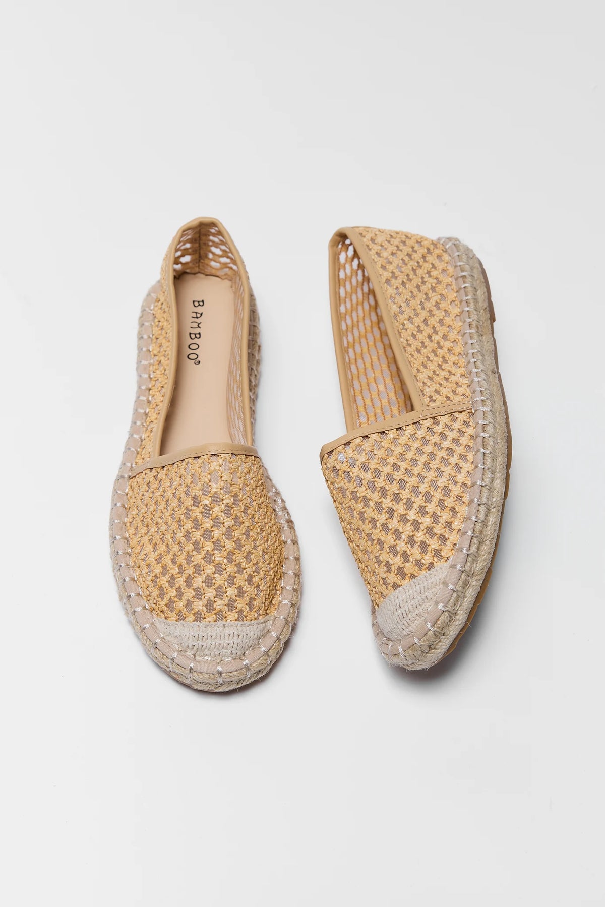 Tan Woven Espadrille Flats - Top-Down Flat Lay Pair with Raffia Detail | Avara