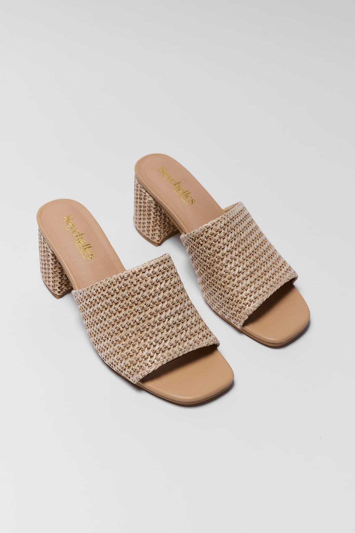 Tan woven heel sandals by Seychelles, open toe mule - Pair Flat Lay | Avara