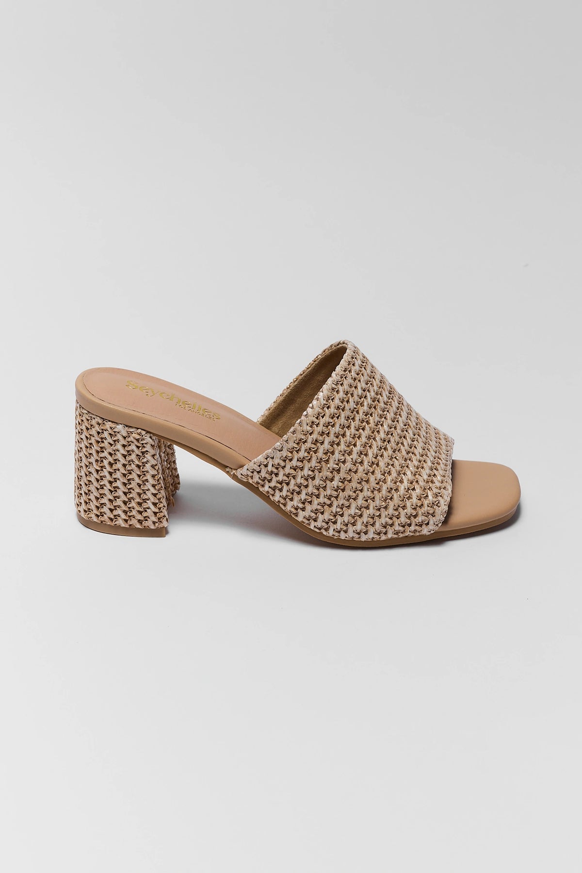 Tan raffia woven block heel mule sandal by Seychelles - Side Profile | Avara