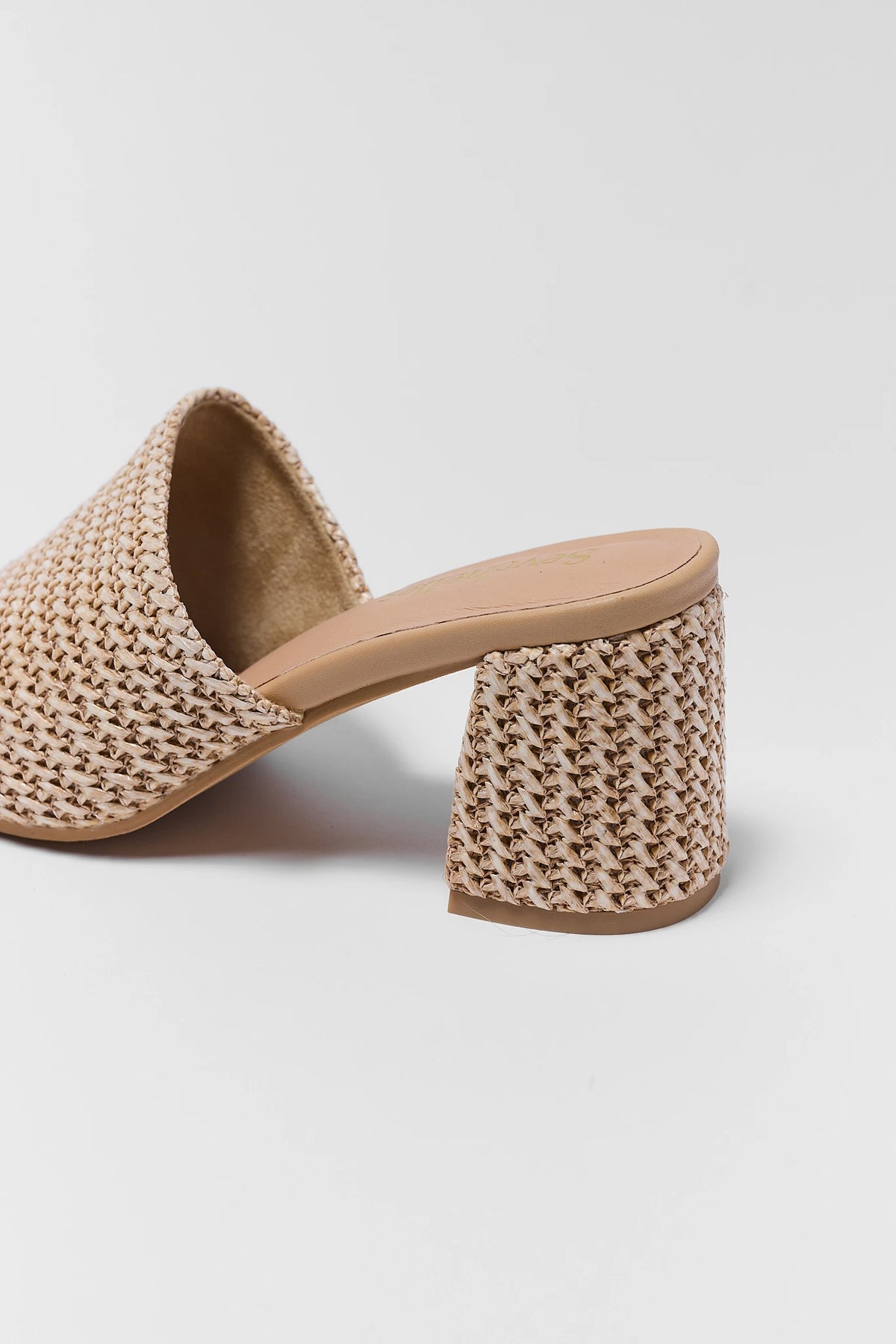 Tan raffia woven block heel texture close-up by Seychelles - Heel Detail | Avara