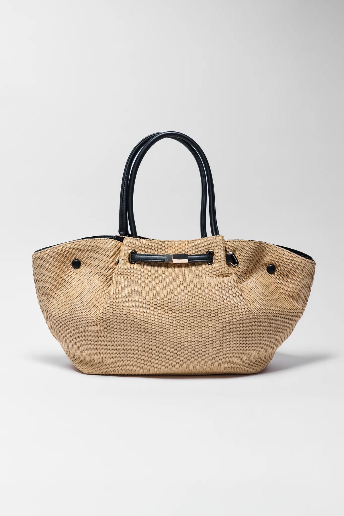 Tan Woven Straw Tote with black faux leather handles - Front View | Avara