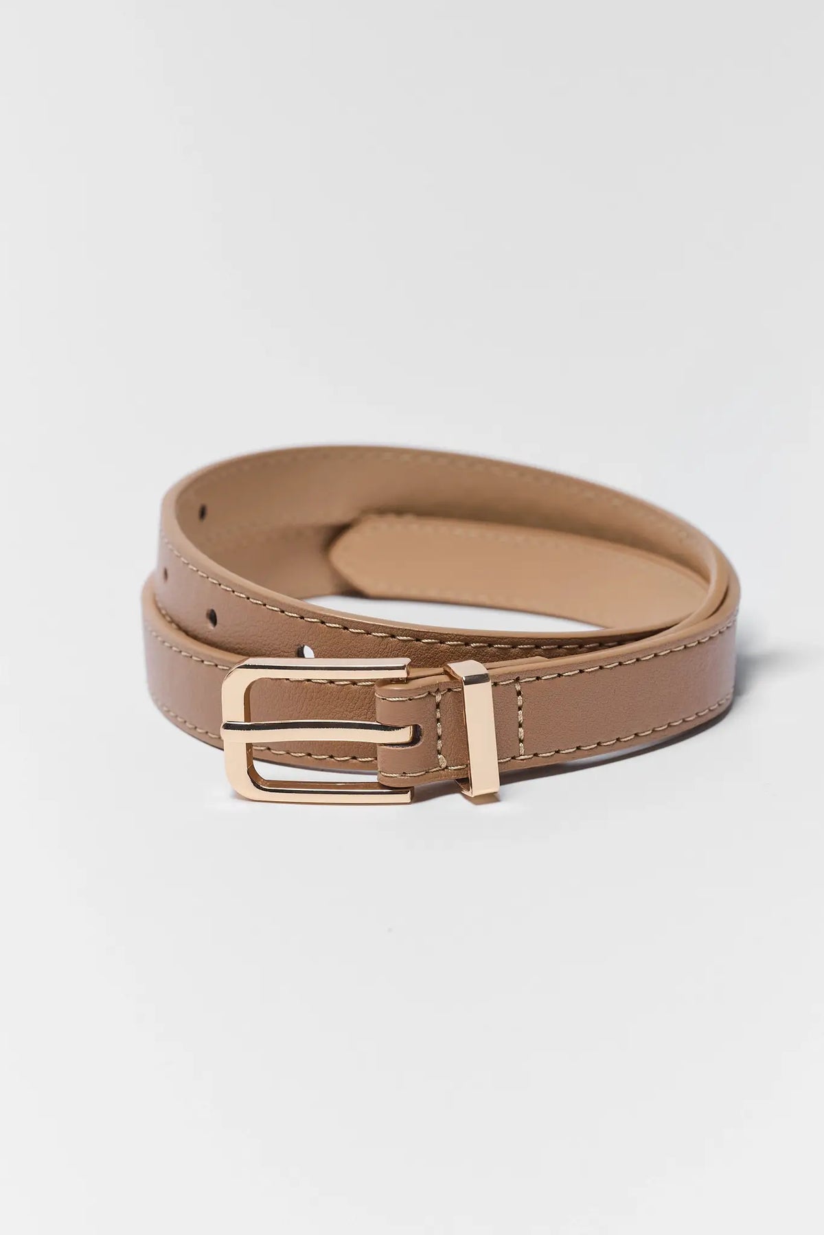 Tan Faux Leather Skinny Belt with Gold-Tone Square Buckle - Coiled Flat Lay | Avara