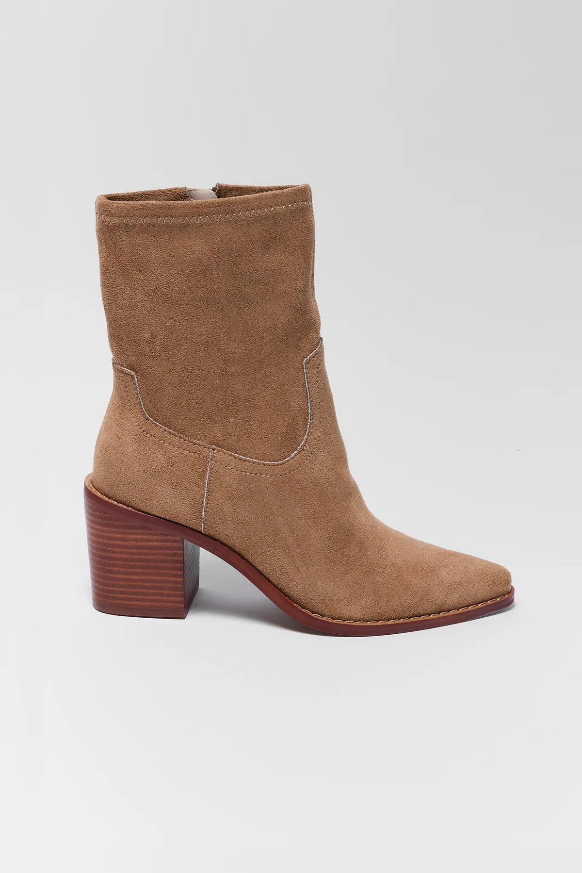 Tan Faux Suede Ankle Bootie - Side View with Block Heel | Avara