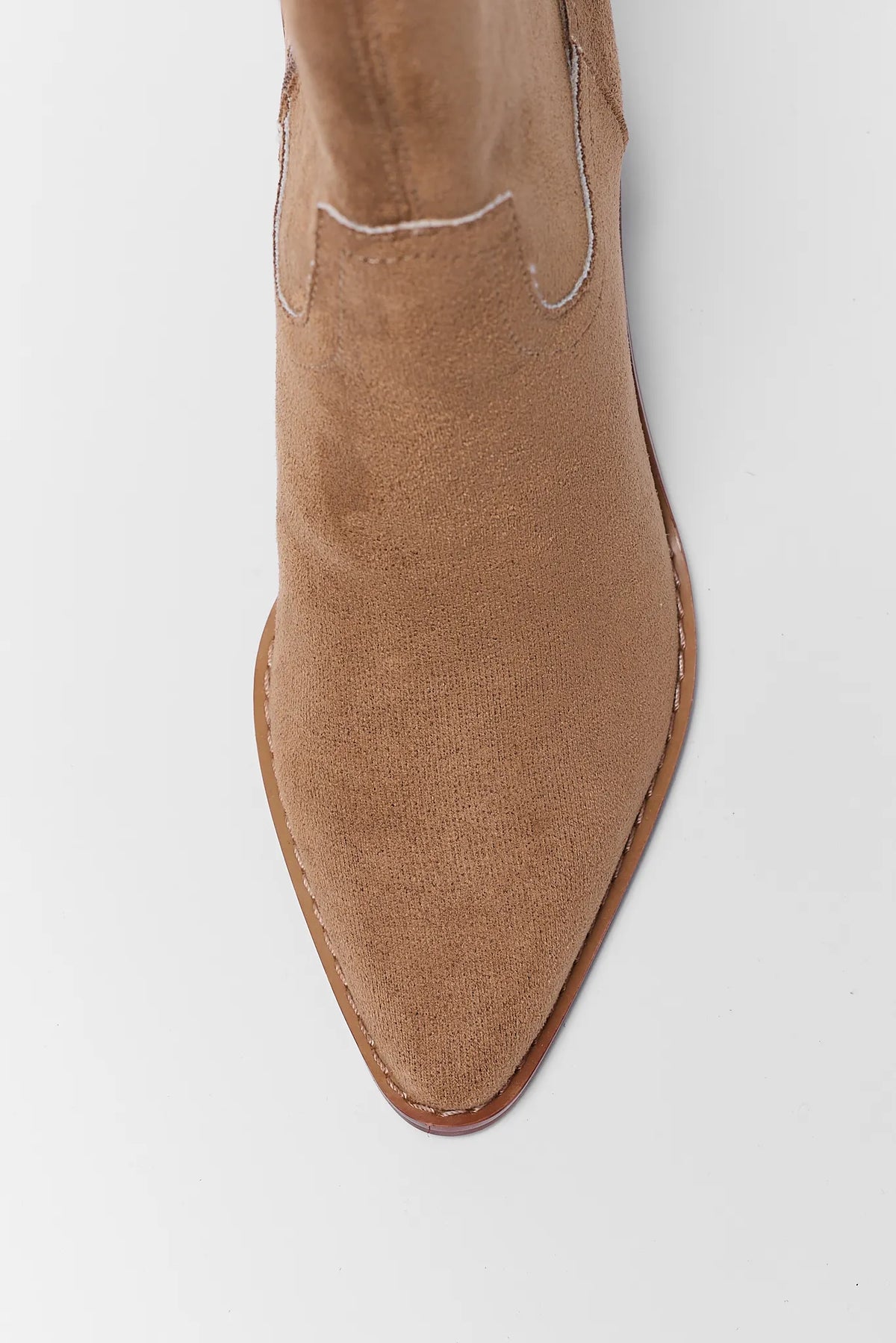 Tan Faux Suede Ankle Bootie - Pointed Toe Close-Up Detail | Avara