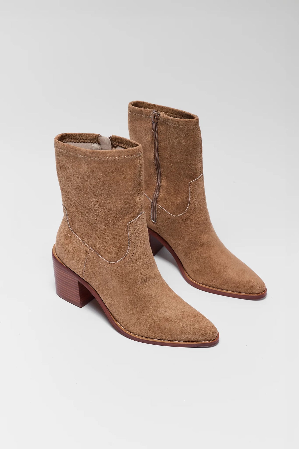 Tan Faux Suede Ankle Booties - Pair View Showing Side Zipper | Avara