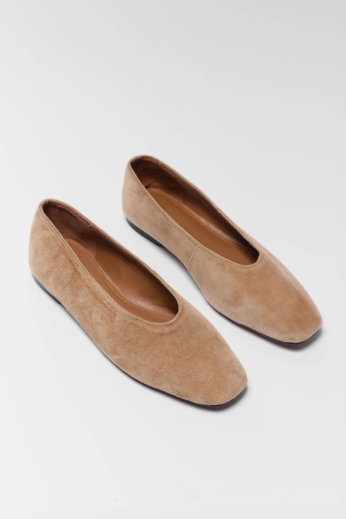 Tan Faux Suede Ballet Flats - Angled Pair View, Women's Flats | Avara