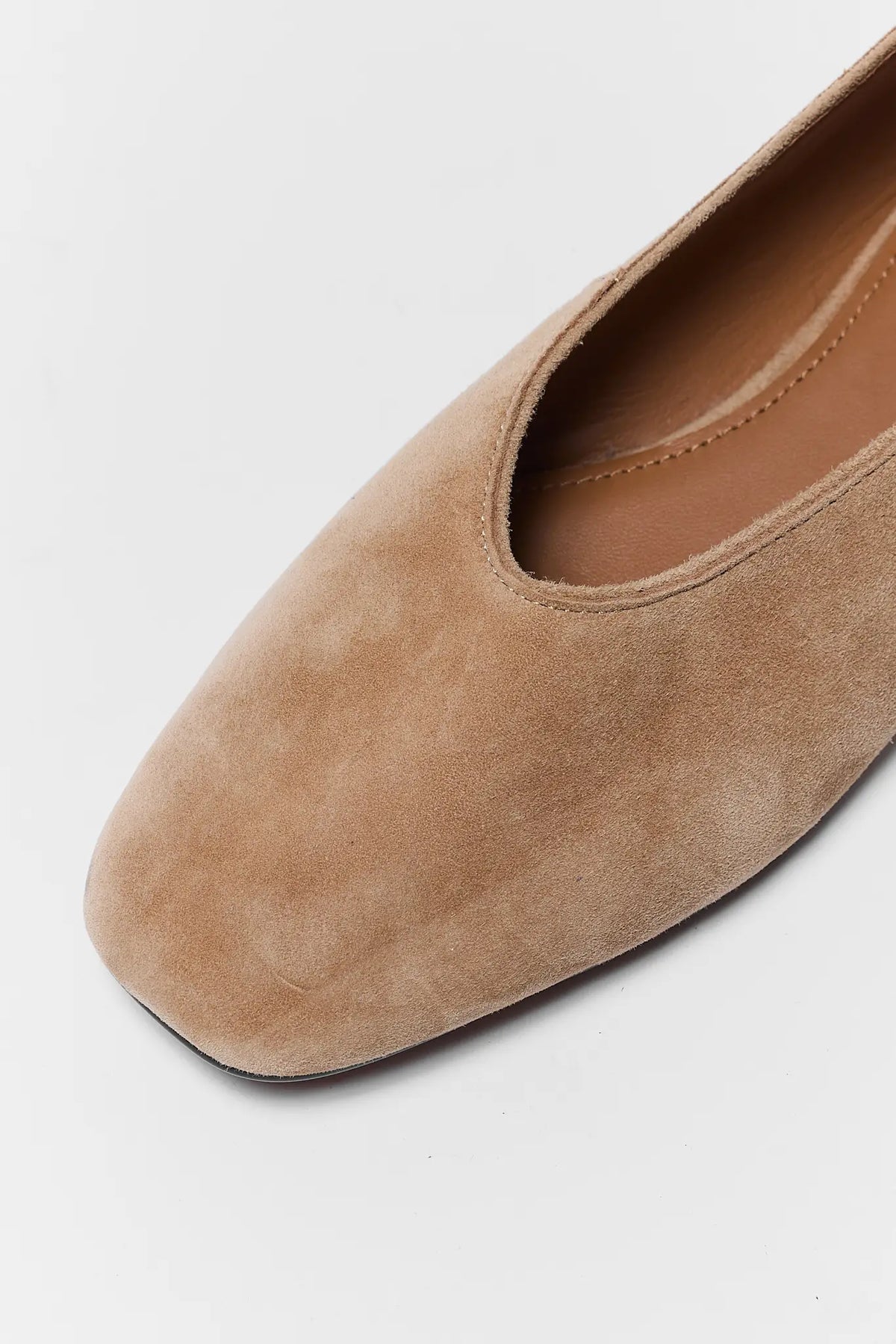 Tan Faux Suede Ballet Flat - Square Toe Close-Up Detail | Avara