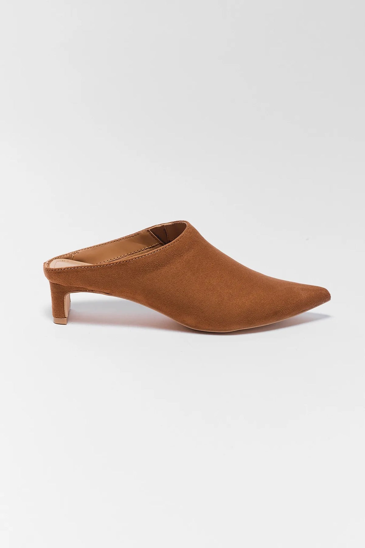 Tan Faux Suede Kitten Heel Mule - Side Profile View | Avara