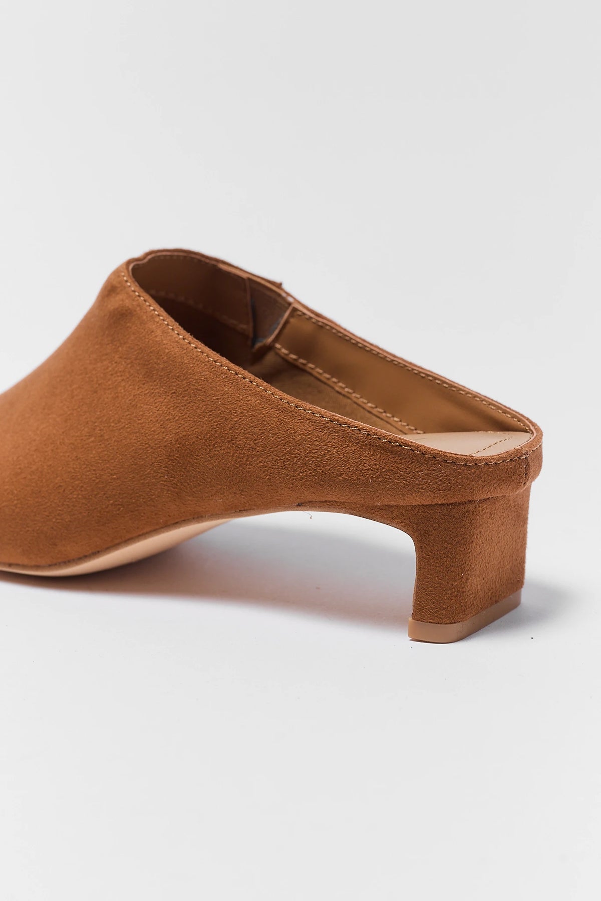 Tan Faux Suede Clogs - Heel Detail Close-Up | Avara