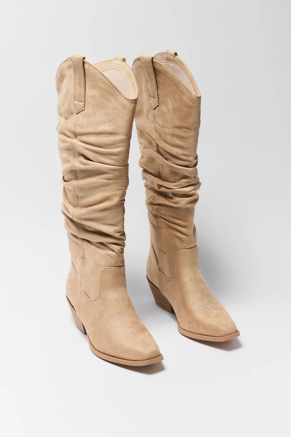 Tan Faux Suede Slouchy Cowboy Boot - Front Pair View | Avara