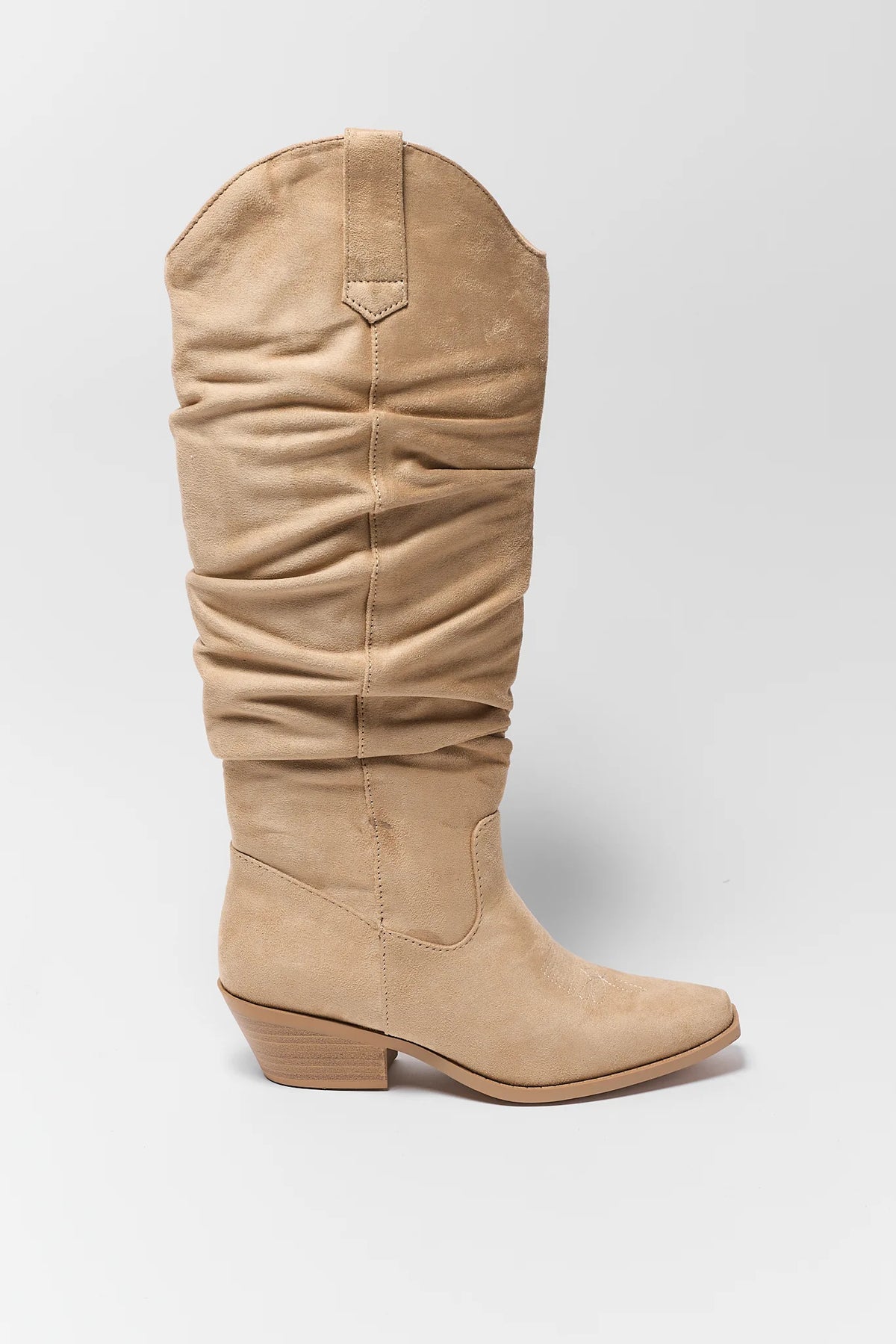 Tan Faux Suede Slouchy Cowboy Boot - Side Profile View | Avara