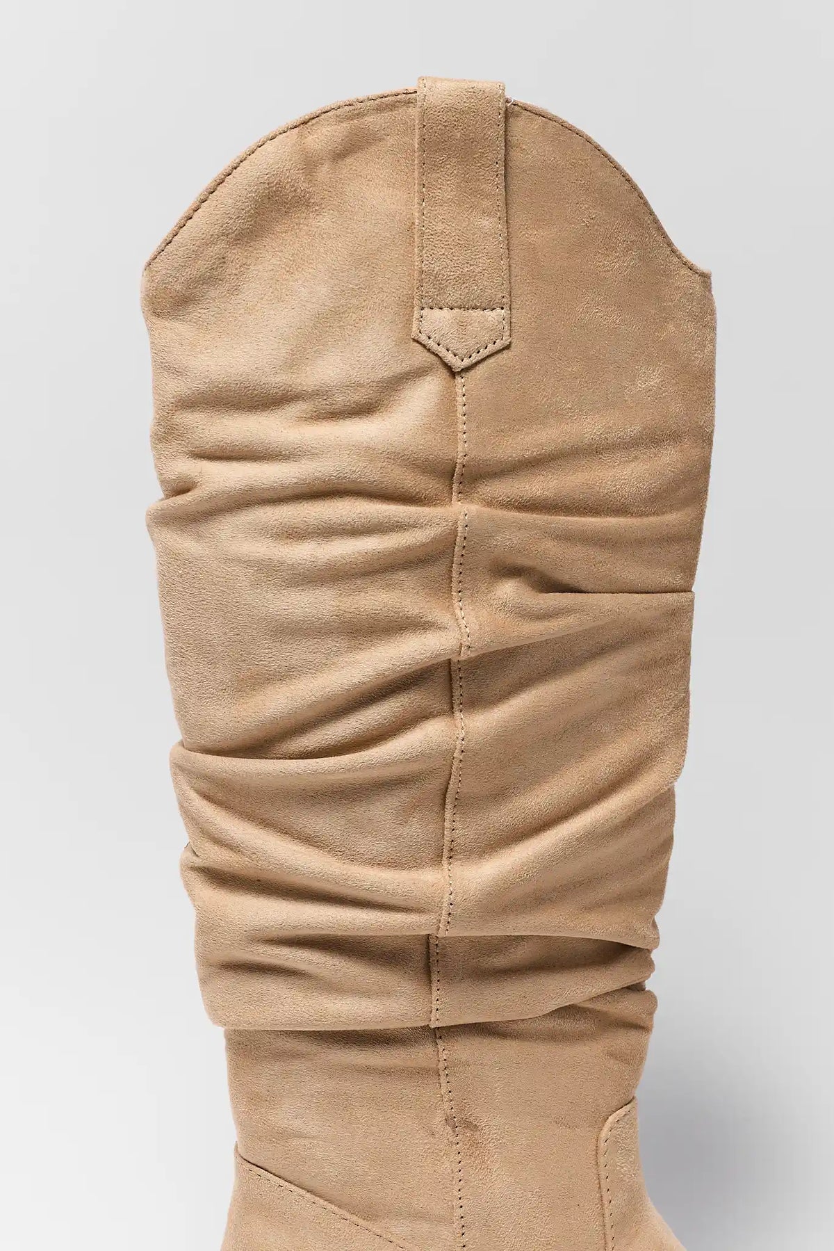 Tan Slouchy Cowboy Boot Ruched Shaft & Block Heel Close-Up | Avara