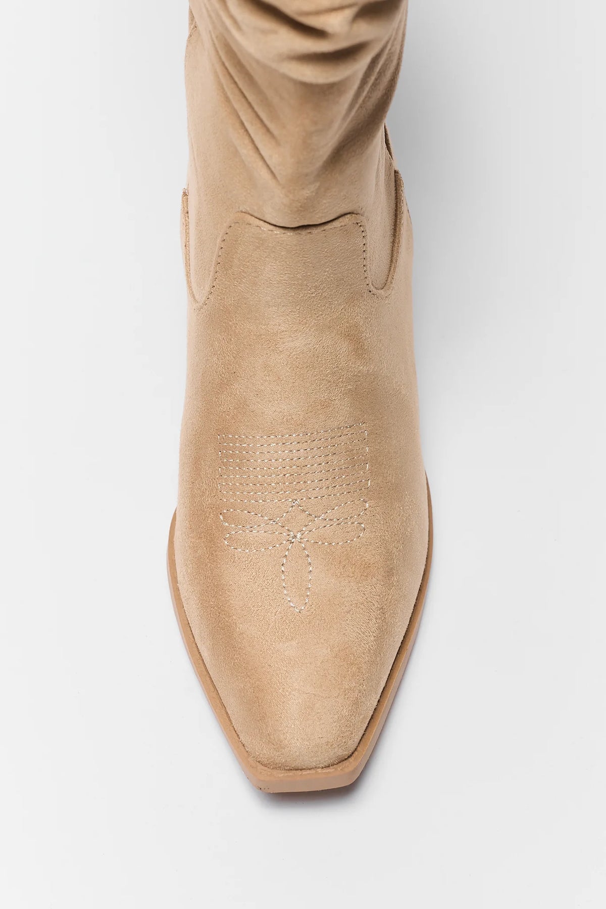 Tan Slouchy Western Boot Ruched Shaft Pull Tab Detail - Back View | Avara