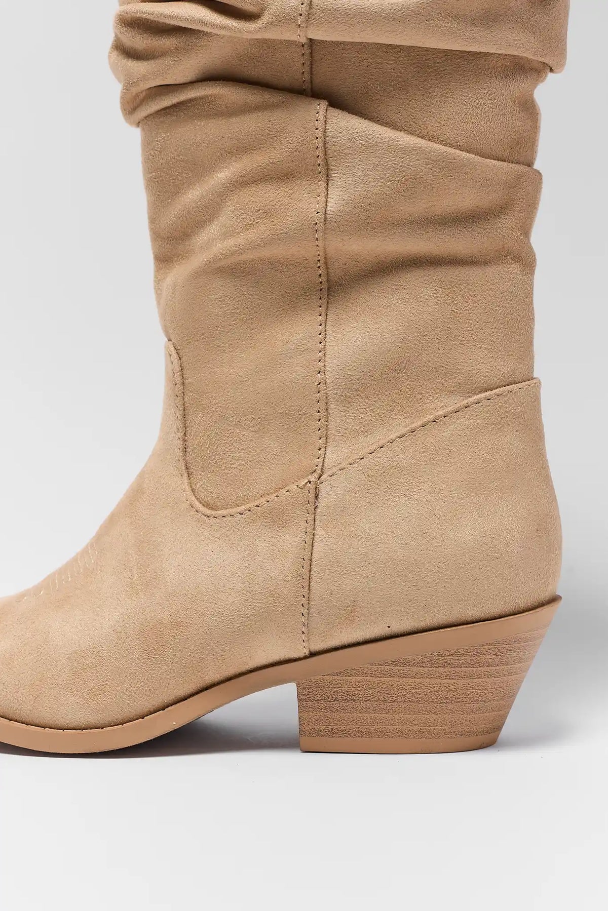 Tan Faux Suede Cowboy Boot Square Toe Embroidery Detail - Top View | Avara