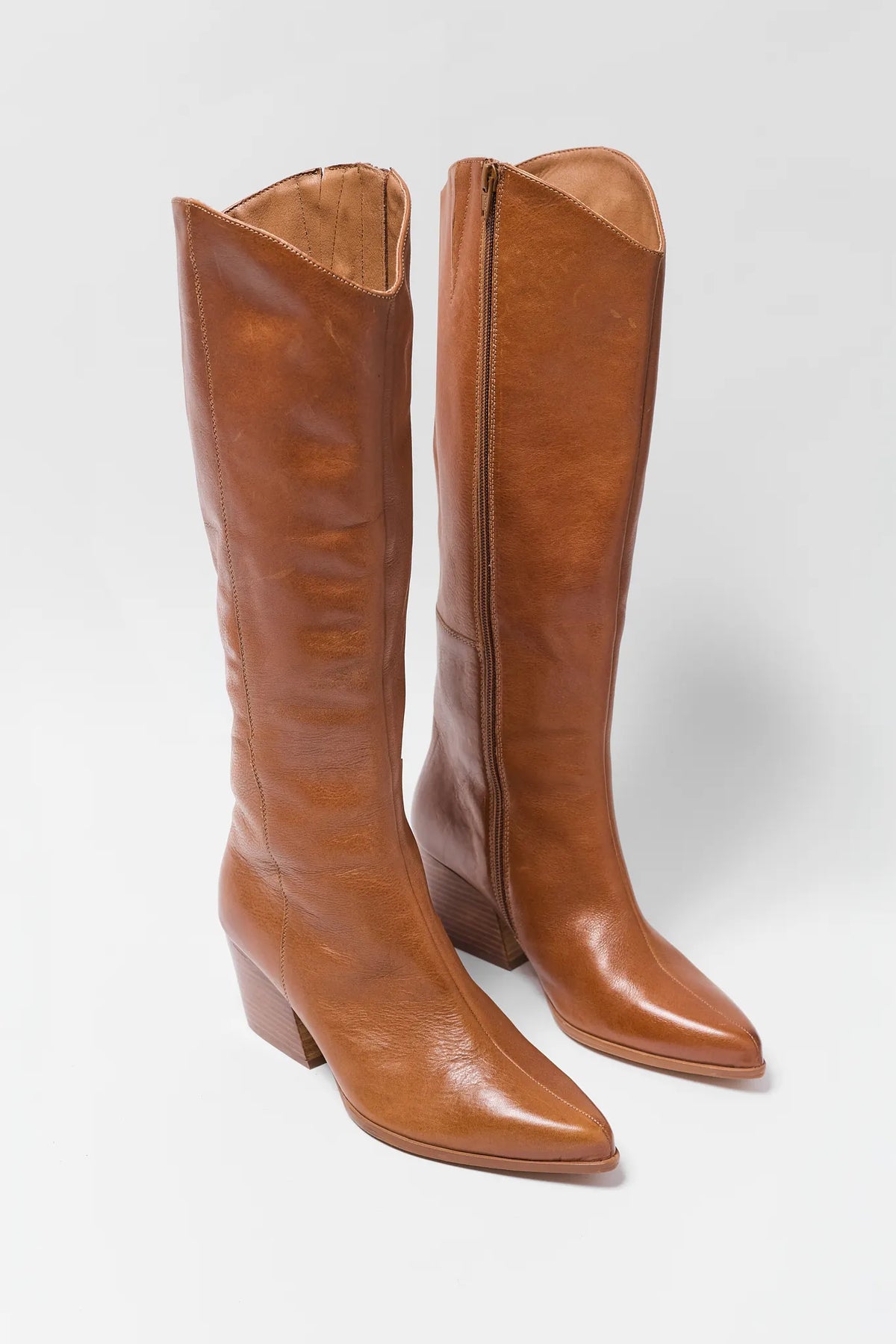 Tan Leather Tall Boots Pair with Side Zipper - Front View | Avara