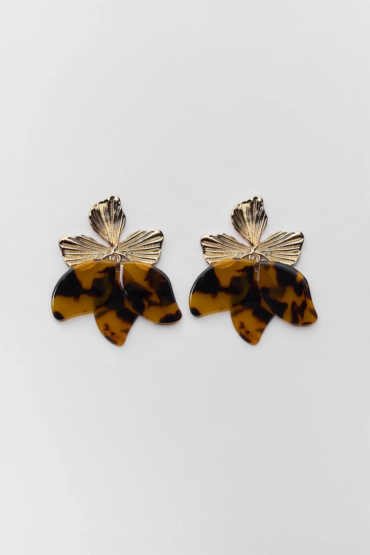 Gold-tone and tortoiseshell acetate flower drop earrings - Flat Lay | Avara