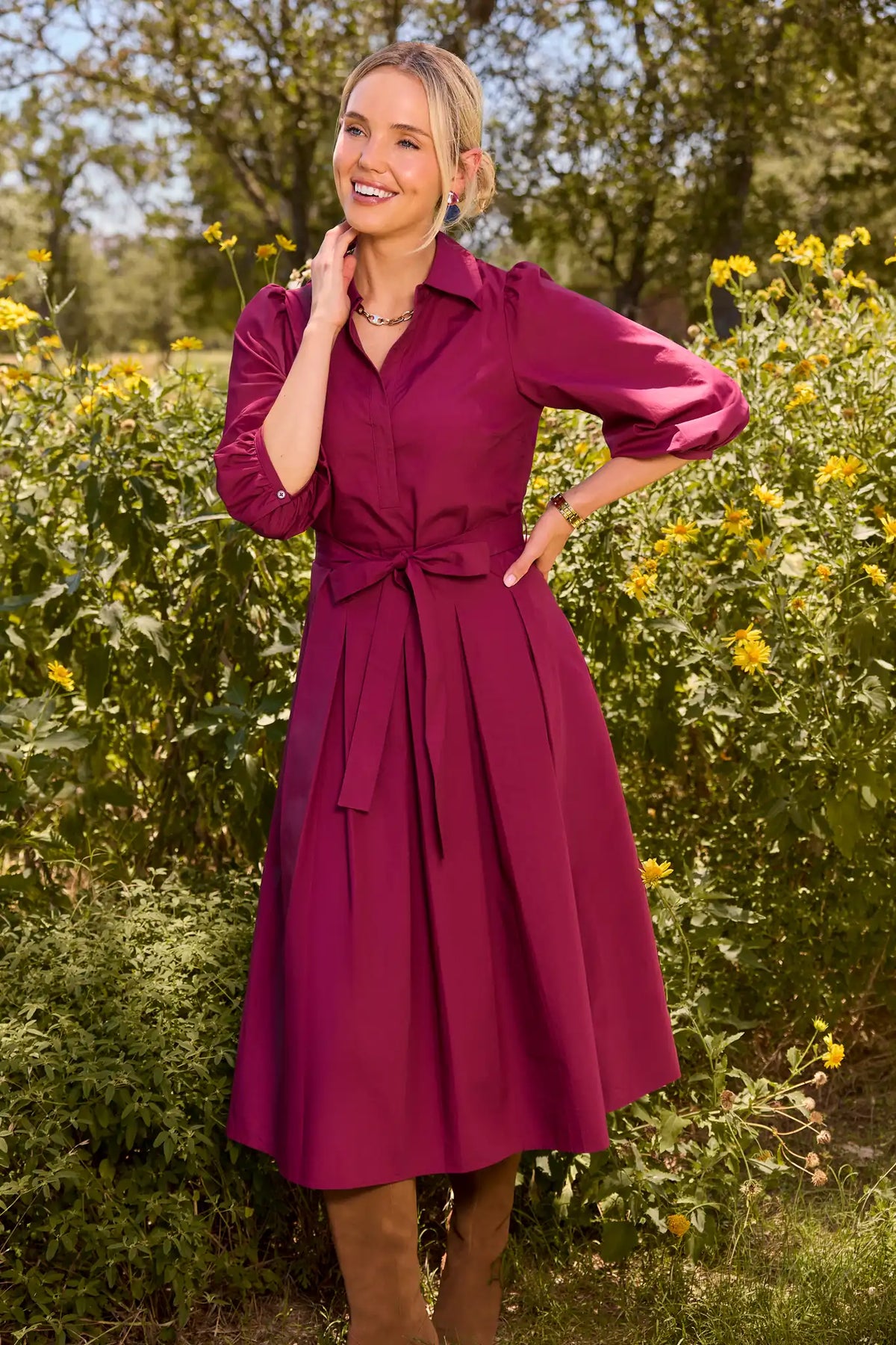 Plum Cotton Pleated Midi Dress with Tie Waist - Lifestyle Front View | Avara